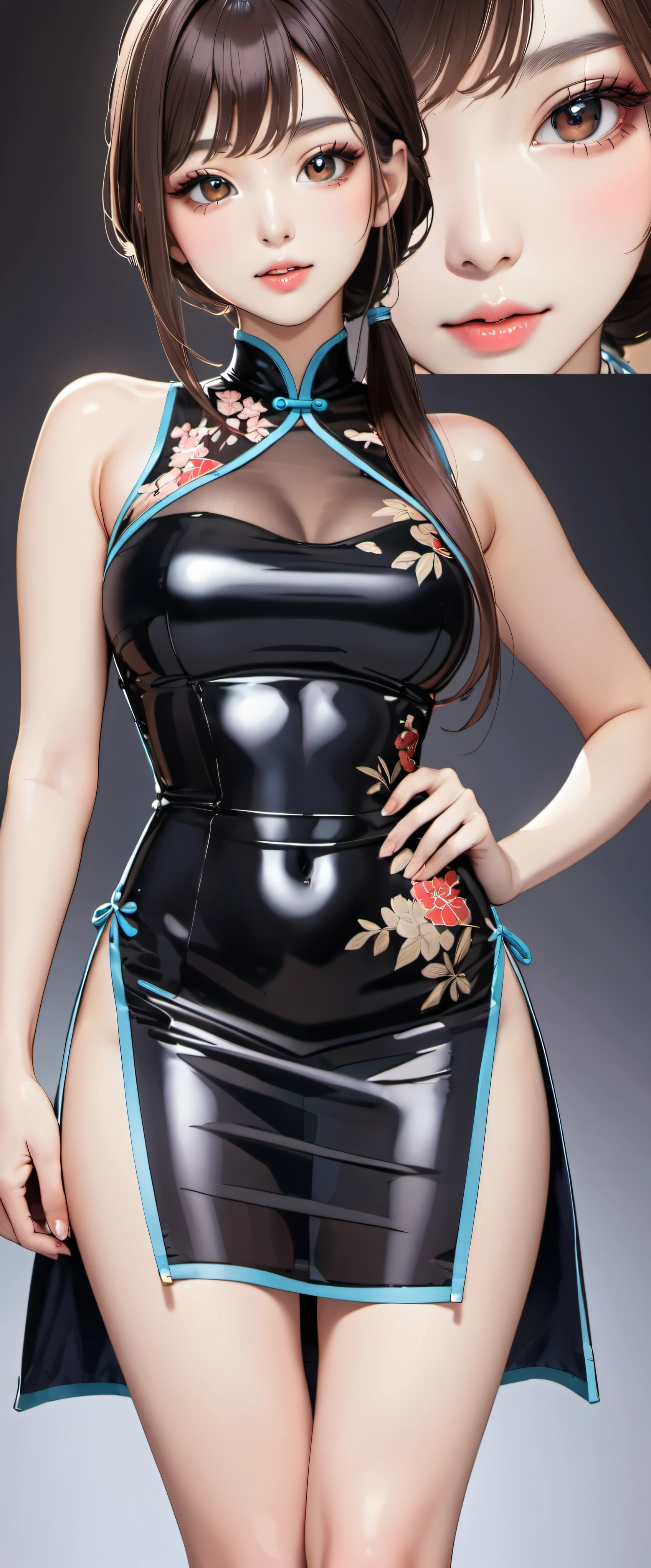 (masterpiece,highest quality,超A high resolution),japanese woman, (((Very beautiful 25 year old girl))), pretty girl、look at the photographer、 ((beautiful low ponytail)), super cute face, glossy lips, double eyelids in both eyes,natural smile、 natural makeup, long eyelashes, shiny smooth hair、center image, perfect limbs, perfect anatomy,(((China dress)))、((See-through)),wet with sweat,