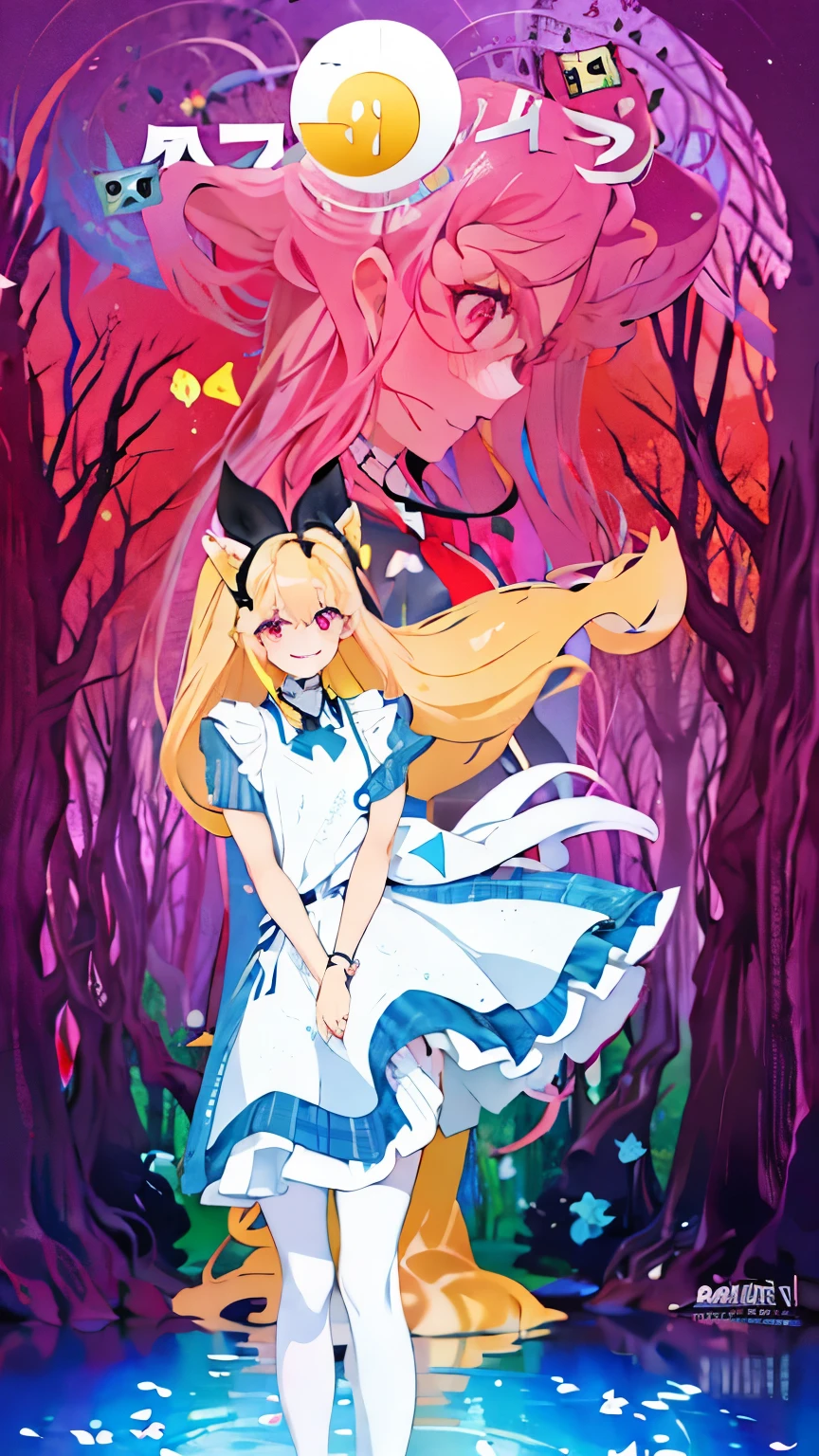 masterpiece, best quality,  full body,
1girl, bangs, black choker, black necktie, pink hair, neko ears, blue skirt, blush, bracelet, breasts, choker, clothes around waist, collarbone, collared shirt, cowboy shot, dress shirt, ear piercing, eyebrows visible through hair, gradient hair, grin, gyaru, jewelry, kogal, long hair, looking at viewer, loose necktie, necktie, piercing, plaid, plaid skirt, pleated skirt, red eyes, ring, , shirt, skirt, smile, solo, white shirt,
street, sky, cherry blossoms, petals,illustration, (magazine:1.3), (cover-style:1.3), fashionable, woman, vibrant, outfit, posing, front, colorful, dynamic, background,  elements, confident, expression, holding, statement, accessory, majestic, coiled, around, touch, scene, text, cover, bold, attention-grabbing, title, stylish, font, catchy, headline, larger, striking, modern, trendy, focus, fashion,