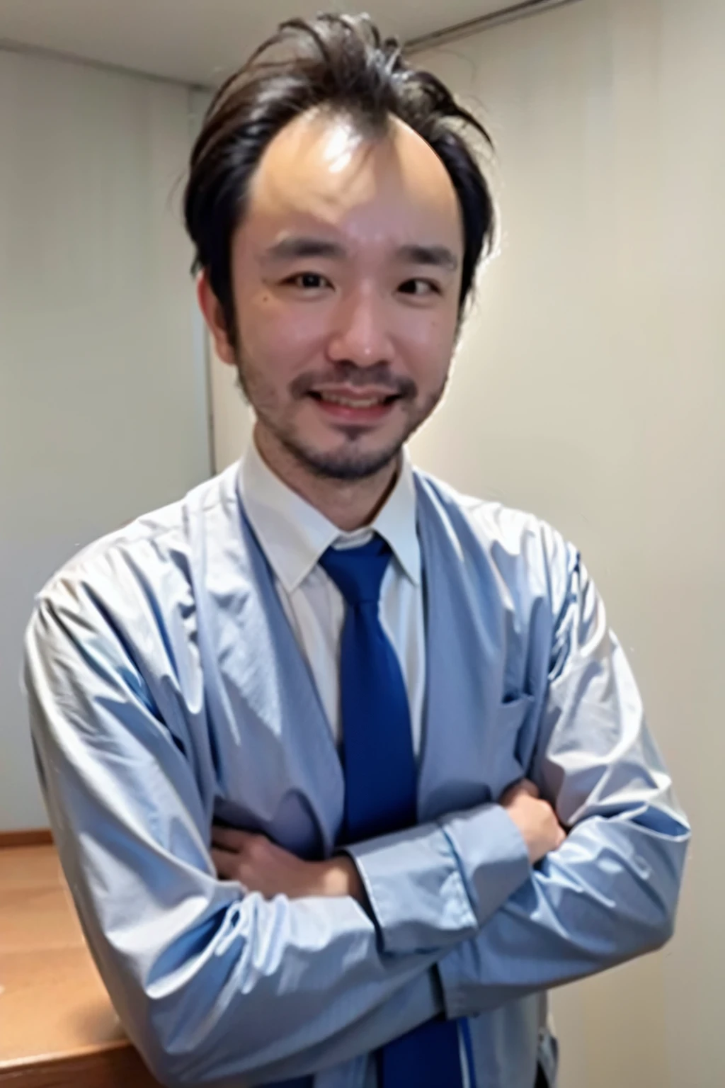 solo, looking at viewer, smile, simple background, shirt, black hair, long sleeves, 1boy, white background, brown eyes, closed mouth, jacket, white shirt, male focus, necktie, collared shirt, facial hair, formal, crossed arms, suit, blue necktie, realistic