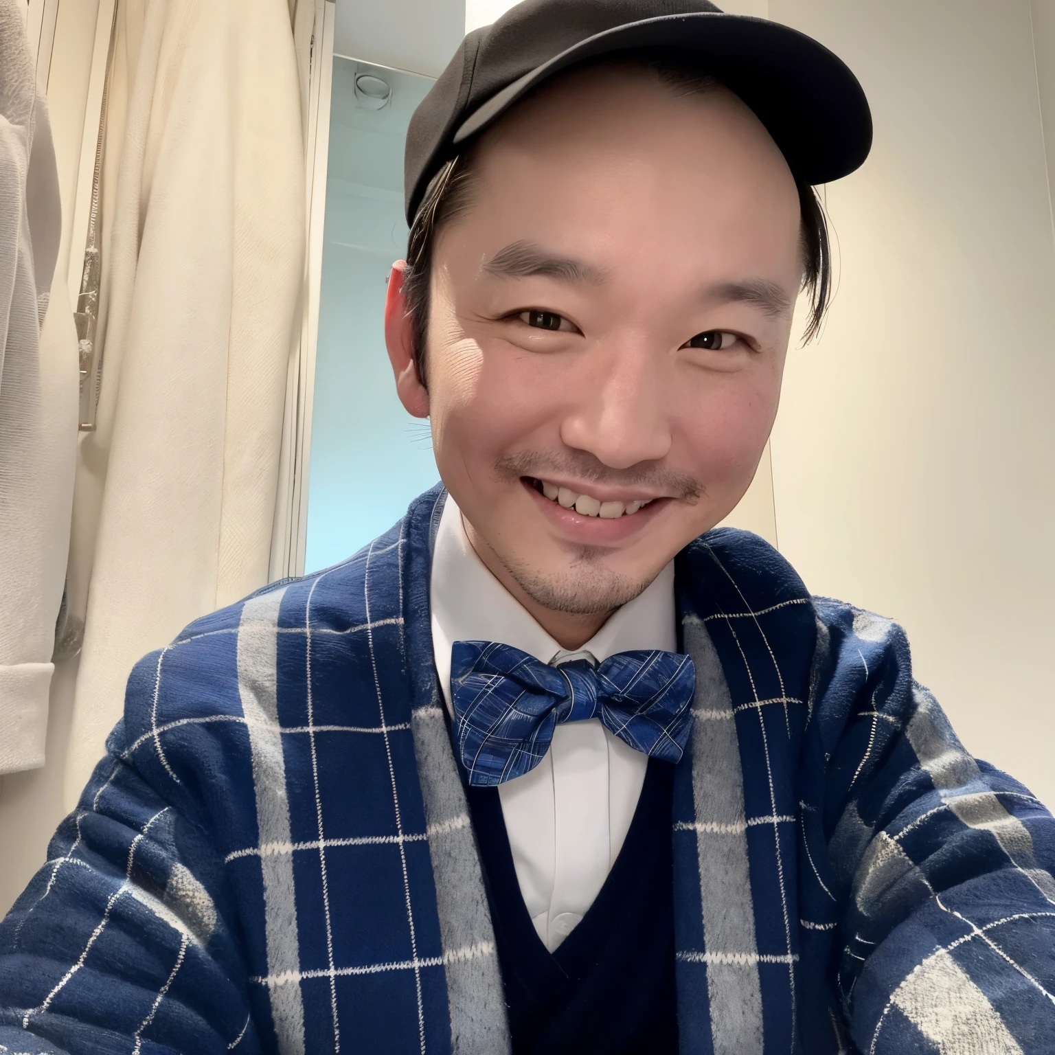 solo, looking at viewer, smile, simple background, shirt, black hair, long sleeves, 1boy, hat, white background, bow, jacket, white shirt, male focus, teeth, collared shirt, bowtie, grin, black eyes, vest, plaid, blue bow, formal, blue jacket, blue headwear, realistic, blue bowtie、high nose、