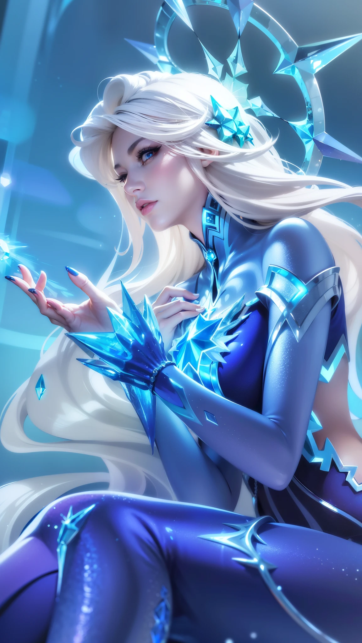 (8k, RAW photo, photorealistic:1.25) ,( lipgloss, eyelashes, gloss-face, glossy skin, best quality, ultra highres, depth of field, chromatic aberration, caustics, Broad lighting, natural shading, looking at viewer with a serene and goddess-like happiness, there is a woman in a blue dress sitting on a rock, ice sorceress, queen of ice and storm, ice mage, crystalline skin, ice queen, crystal maiden, beautiful ancient frost witch, ice spell, goddess of winter, extremely detailed artgerm, artgerm detailed, ig model | artgerm, artgerm. high detail, blue eyes