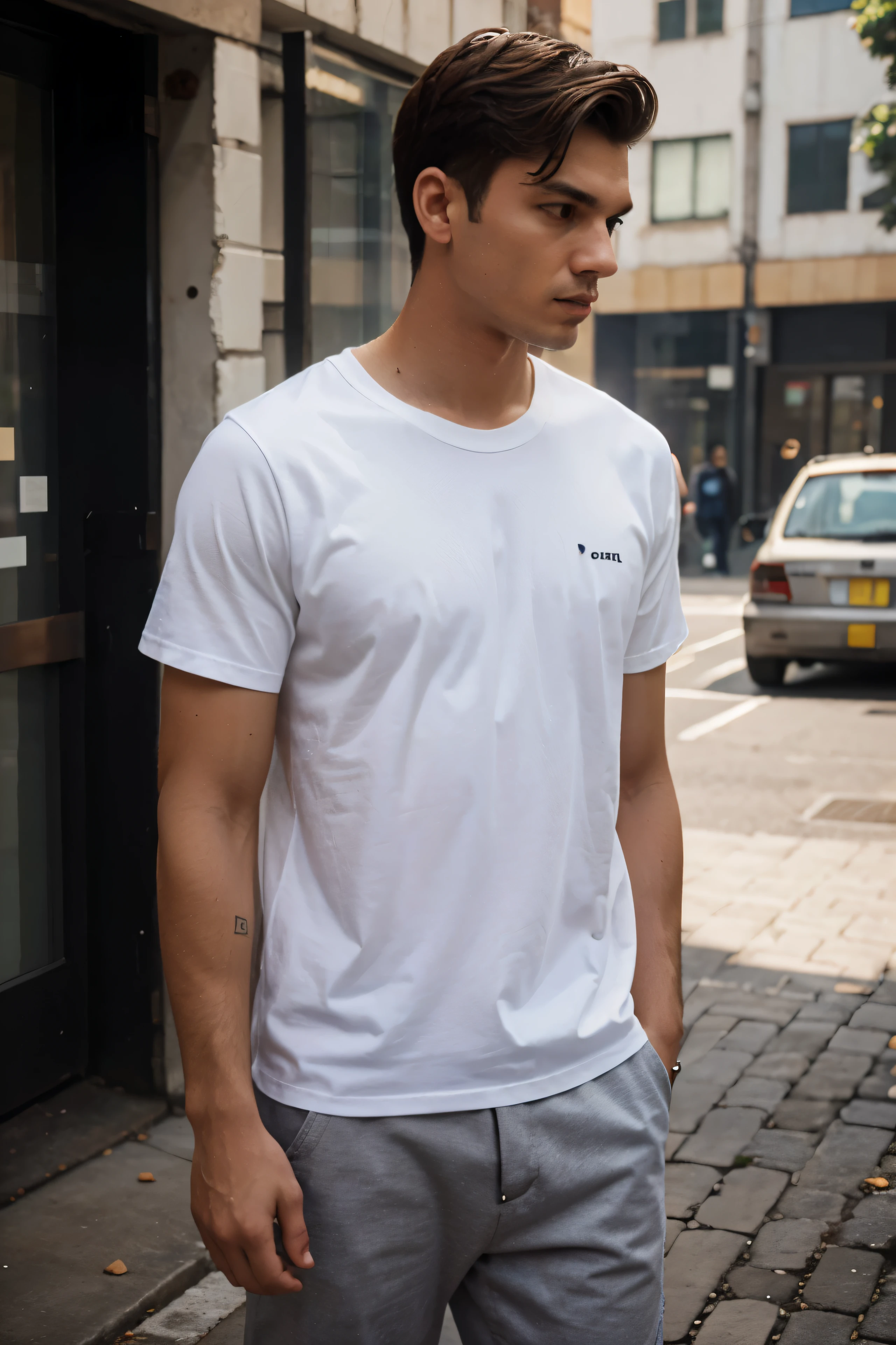 man wearing white basic shirt, brincar, cena urbana, for printing, ultra realistic