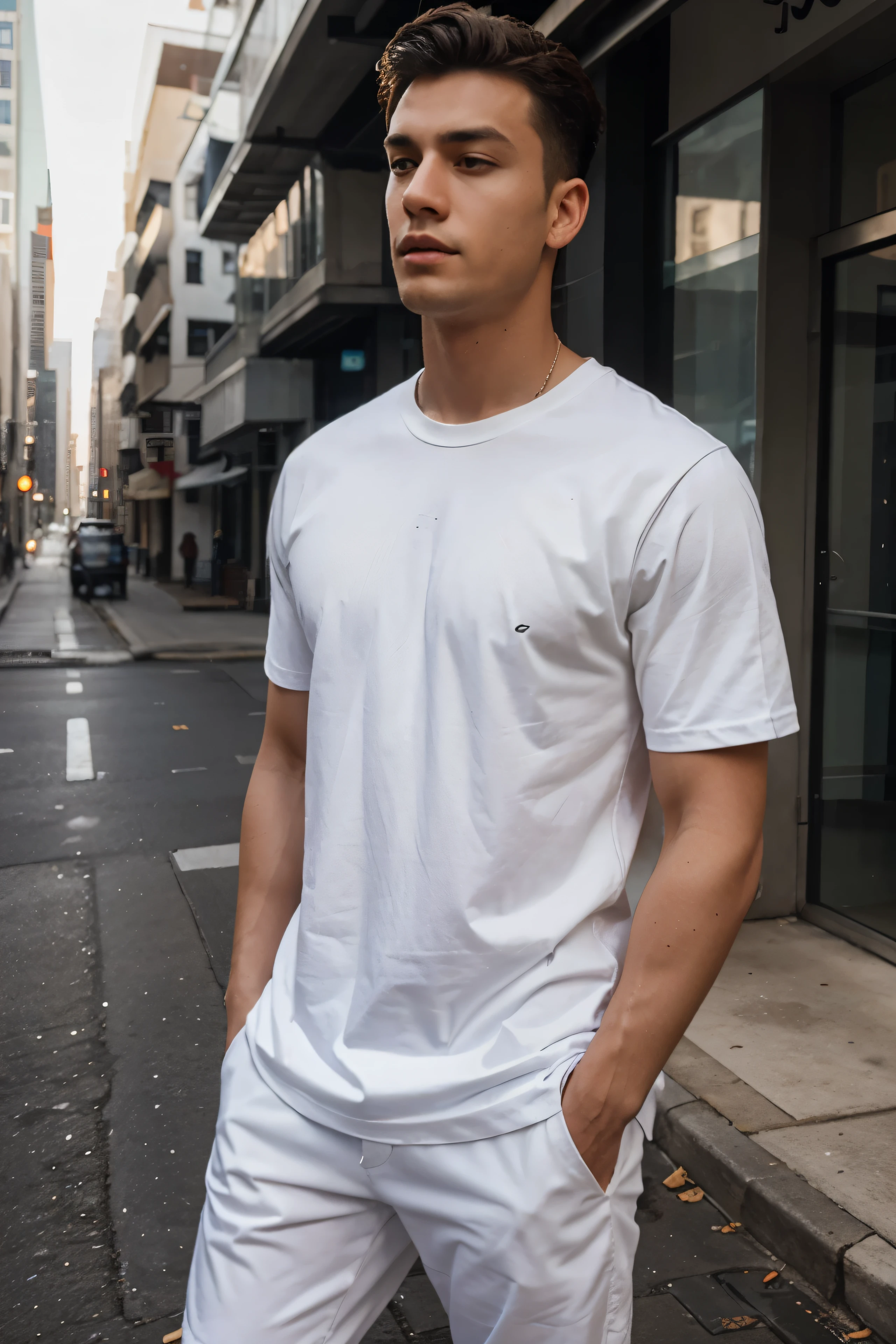 man wearing white basic shirt, mockup, urban scene, for print, ultra realistic
