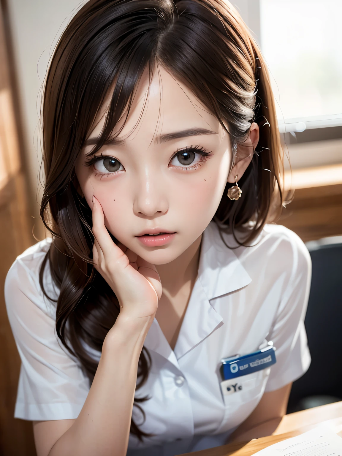 (??? on face:1.7), bukkake, (??? on chest:1.6), (masterpiece:1.3)、Super detailed finish、(High resolution、8k:1.3)、(highest quality)、(Super realistic like a photo:1.3)、correct limbs、anatomically correct, The face is in focus、(close up on face:1.3)、 ultra high definition face、Face is in focus、Ultra high definition and beautiful eyes、focused eyes、Eyes are symmetrical:1.3、High-definition and beautiful skin、firm skin、Ultra high definition hair texture、japanese woman、17 years old、very cute, half updo:1.3, nurse、nurse break (White nursing uniform、white nurse uniform:1.3),hospital room, (embarrassed:1.3), (blush:1.3), (troubled expression:1.3), Mr.々shooting angle:1.3, looking at viewer, nsfw, Licking fingers