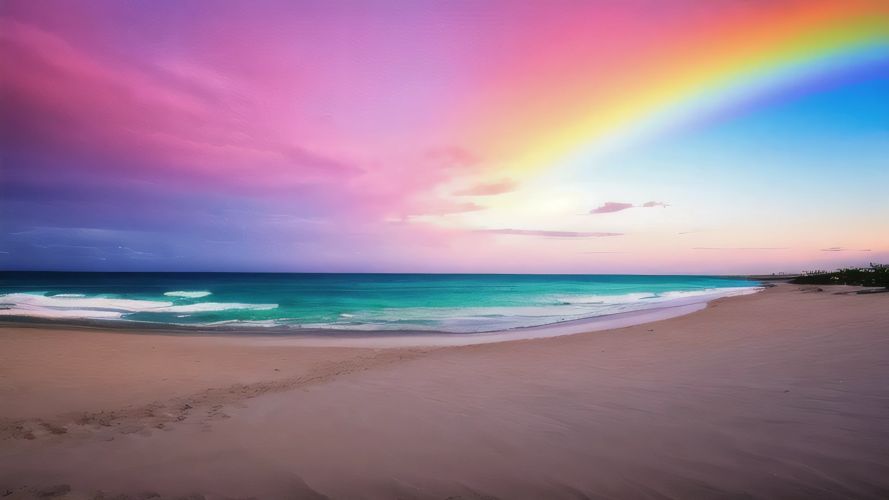 masterpiece, ultimate quality, CG Unity 8K 壁紙, super delicate, beautiful sky and clouds, blue sea、white sand beach、tropical beach、Palm tree、 no trace of people, Nice views, Already won a photo contest, Entire depth of field, HDR high dynamics, true restoration, Complex, extreme details, dramatic presentation, Perfectly expresses the style of mid-journey art.A rainbow is out