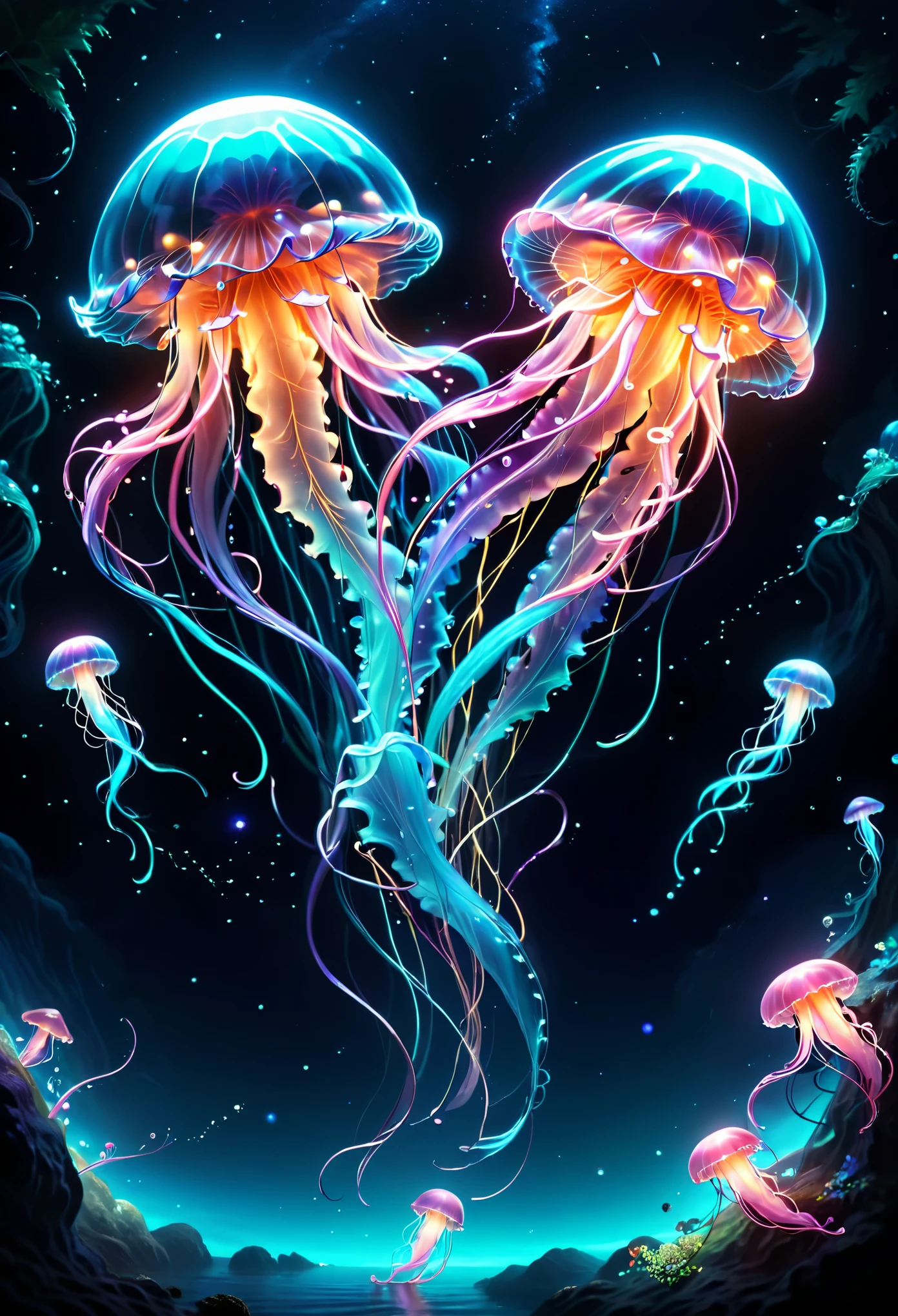 Draw a translucent jellyfish swimming in the sea of stars,the art of mathematics,fantasy,fair星雲の背景,rich and colorful,rich and rich and colorfulな呪文を唱える,flash,とてもflash,さらにflash,A faintly glowing jellyfish,light coming from below,fair光と影,magic,like a dream,inspiration,pleura,fair,rendering,rich and rich and colorful,wonderful,light particles,familiar,masterpiece,最高masterpiece,Art works that use light,artistic,familiar