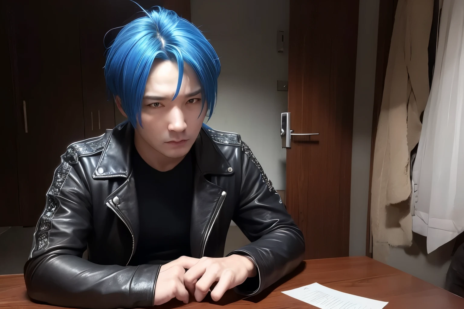 leather jacket, sharp eyes, blue hair, interlace fingers and stare, Rose petals are scattered on the desk, scars under eyes, wearing a silver bracelet, wrapped in a white bandage, boy who sold his soul to the devil, In the background is the basement, looking at the camera, black eyeshadow, white bandage on arm, looking at the camera, Bloody white bandage on arm,