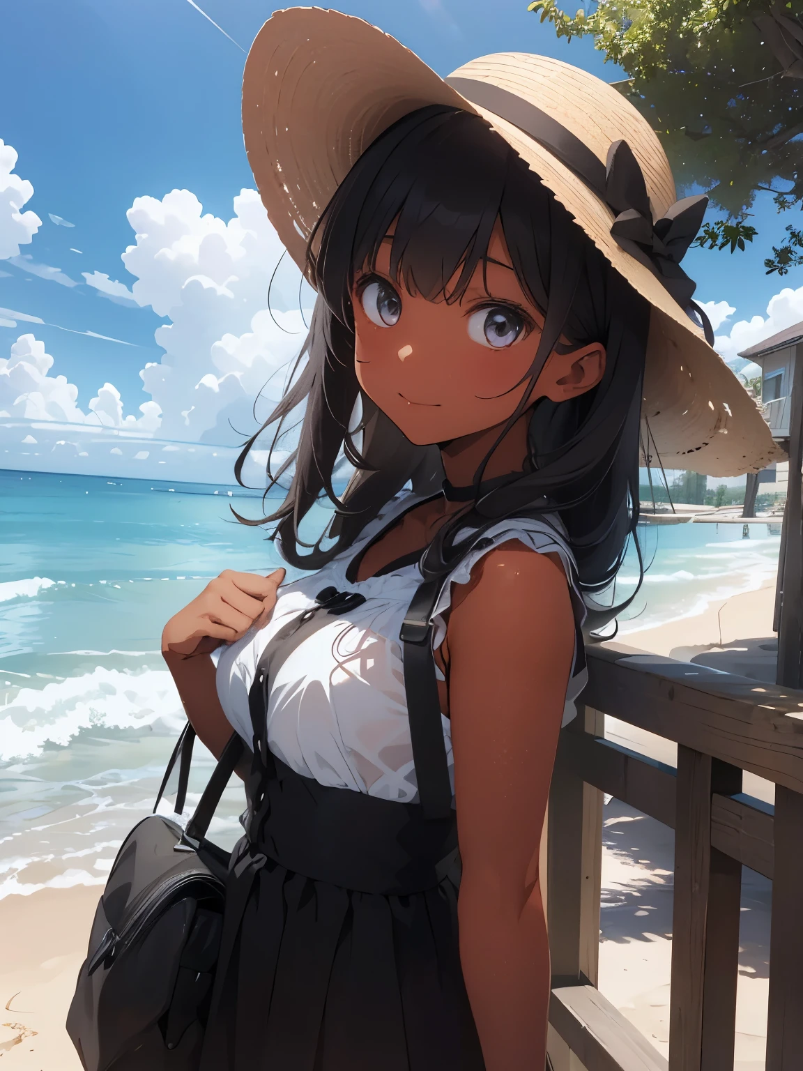 1girl, Anime Girl, Tanned Skin, Black Eyes, Black Hair, Straw Hat with Black Ribbon, Black Summer Outfit, Black Sandals, Beach Background, Chilling, Sunny, Bright, Cinematic Lighting, Close-up Portrait, Standing Position