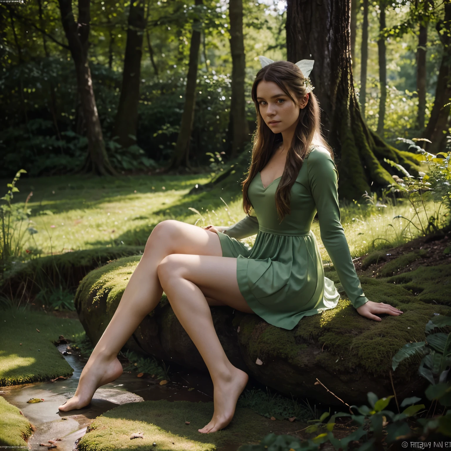 A JustforFun creation. (((Ultra detailed, beautiful face, Megapixel))) 
Perched high amidst the lush canopy of an ancient forest, a spirited and adventurous young woman enjoys her magical retreat in a treehouse like no other. With a radiant smile that complements her ((sun-kissed, freckled cheeks)), she exudes an air of joy and wonder. Her ((flowing, chestnut-brown hair)) cascades down her shoulders, seemingly blending with the surrounding foliage. Her eyes, a captivating shade of ((emerald green)), reflect the tranquility of the forest. She wears a charming and comfortable bohemian-style dress made of soft, earth-toned fabrics, adorned with intricate leaf patterns and embroidery. On her feet, she sports rustic and durable leather sandals that are perfect for navigating the branches and walkways. With a playful and carefree attitude, she stands on the treehouse balcony, overlooking a breathtaking vista of lush greenery and a crystal-clear stream meandering through the forest.