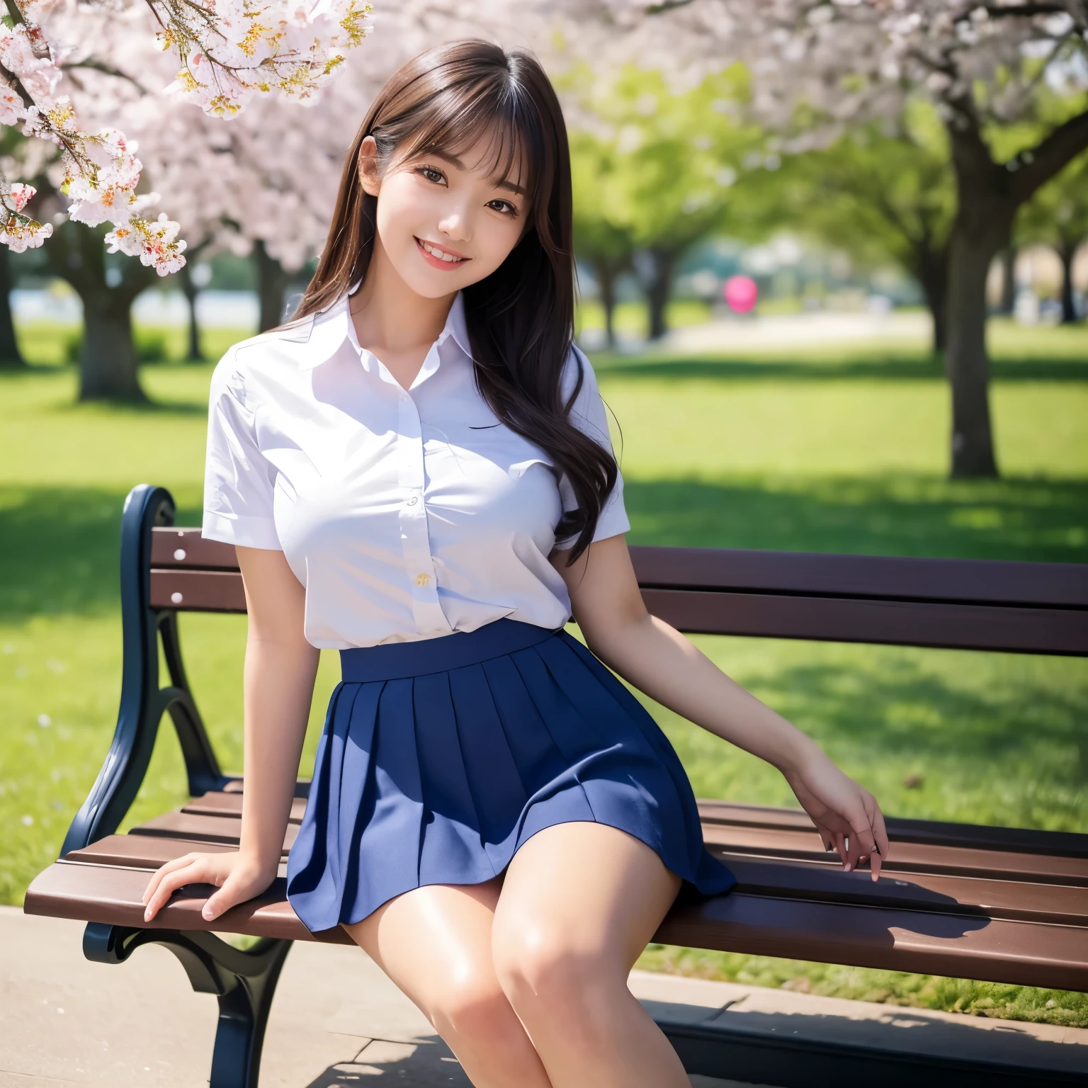 (highest quality、table top、8K、best image quality、Award-winning work)、one high school girl、16 years old、(alone:1.1)、perfect beautiful composition、(Huge breasts that are about to burst:1.2)、(emphasize body line:1.2)、slender body、(perfect and accurate white polyester shirt:1.1)、(navy pleated skirt:1.1)、(Red uniform ribbon on the chest:1.1)、(sitting on a park bench:1.1)、(bold thick legs:1.2)、(One of the most natural and perfect benches:1.2)、(The most accurate bench made to perfection:1.1)、(the biggest smile looking at me:1.1)、(Smile showing your perfect beautiful teeth:1.1)、(Beautiful park background with strong blur:1.1)、The most natural and perfect beauty park、Perfectly maintained regular park、stand gracefully、natural makeup、(beautiful and thick legs:1.2)、Ultra high definition beauty face、ultra high definition hair、Super high-definition sparkling eyes、(Super high resolution glossy skin:1.1)、Super high resolution glossy lips、(accurate anatomy:1.1)、(very bright and vivid:1.1)、(detailed and perfect hands:1.2)、cherry tree in the distance