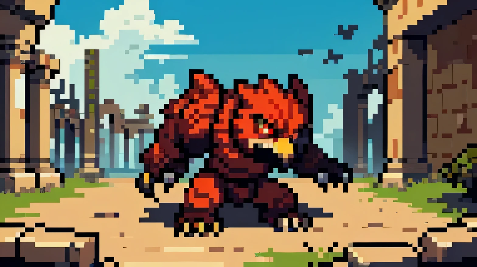 best quality, 8k, highly detailed, ultra-detailed, highly-detailed shading, pixel art style, concept art, by Paul Kelpe, 2d game model, pixel perfect, metal eagle with red eye, sharp claws, sharp teeth, in ancient ruins