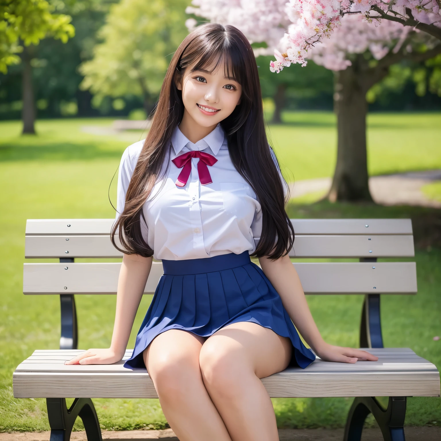 (highest quality、table top、8K、best image quality、Award-winning work)、one high school girl、16 years old、(alone:1.1)、perfect beautiful composition、(Huge breasts that are about to burst:1.2)、(emphasize body line:1.2)、slender body、(perfect and accurate white polyester shirt:1.1)、(navy pleated skirt:1.1)、(Red uniform ribbon on the chest:1.1)、(sitting on a park bench:1.1)、(bold thick legs:1.2)、(One of the most natural and perfect benches:1.2)、(The most accurate bench made to perfection:1.1)、(the biggest smile looking at me:1.1)、(Smile showing your perfect beautiful teeth:1.1)、(Beautiful park background with strong blur:1.1)、The most natural and perfect beauty park、Perfectly maintained regular park、stand gracefully、natural makeup、(beautiful and thick legs:1.2)、Ultra high definition beauty face、ultra high definition hair、Super high-definition sparkling eyes、(Super high resolution glossy skin:1.1)、Super high resolution glossy lips、(accurate anatomy:1.1)、(very bright and vivid:1.1)、(detailed and perfect hands:1.2)、cherry tree in the distance