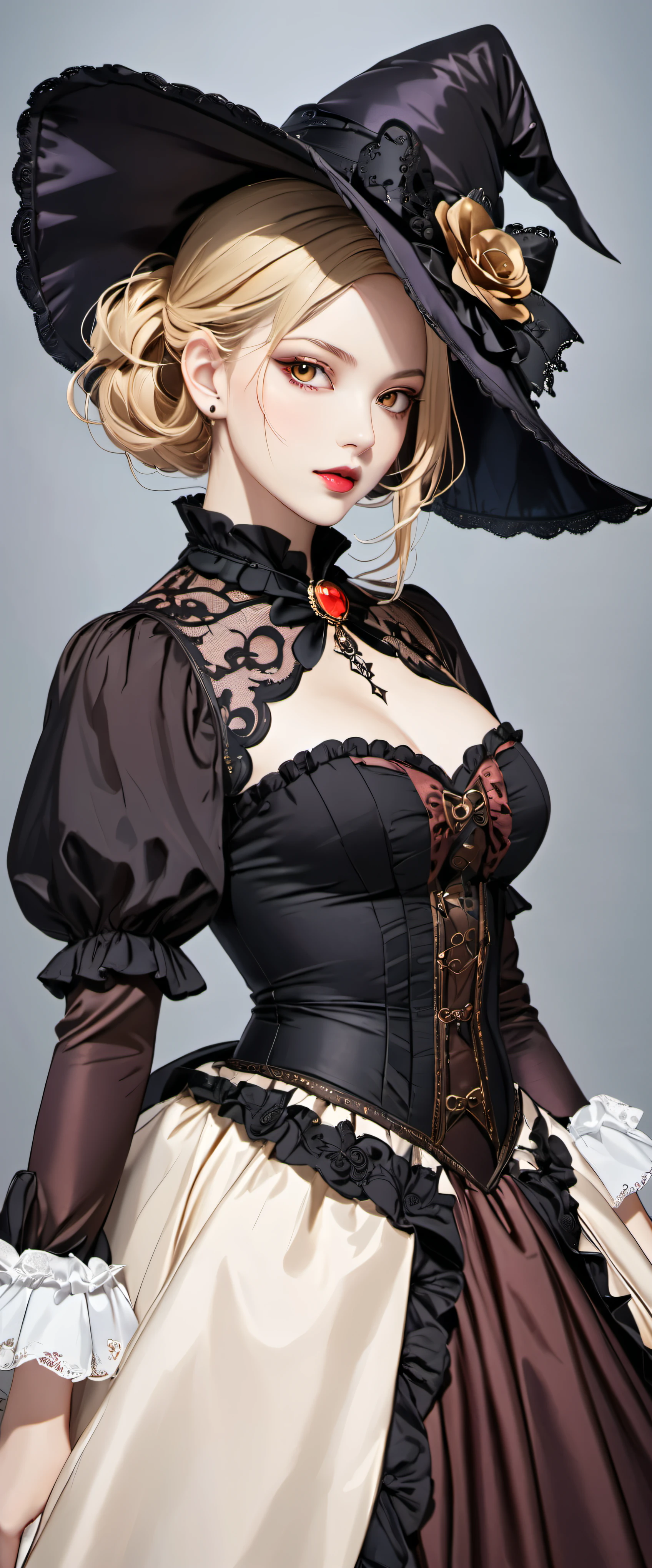 woman wearing dress and boots , baroque dress, Wearing an elaborate steampunk dress, elegant gothic princess, victorian gothic ta fashion, historical baroque dress dark, black gothic loliress, fantasy style clothing, rococo dress, black rococo, classic witch, fantasy costume, wearing a gothic dress, romantic dress, gothic dress,blonde,,(((upper body portrait)))