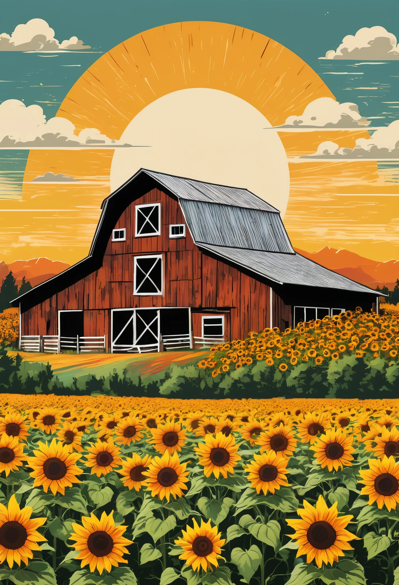 a rustic logo with a barn surrounded by vibrant sunflowers in a field, against a scenic background