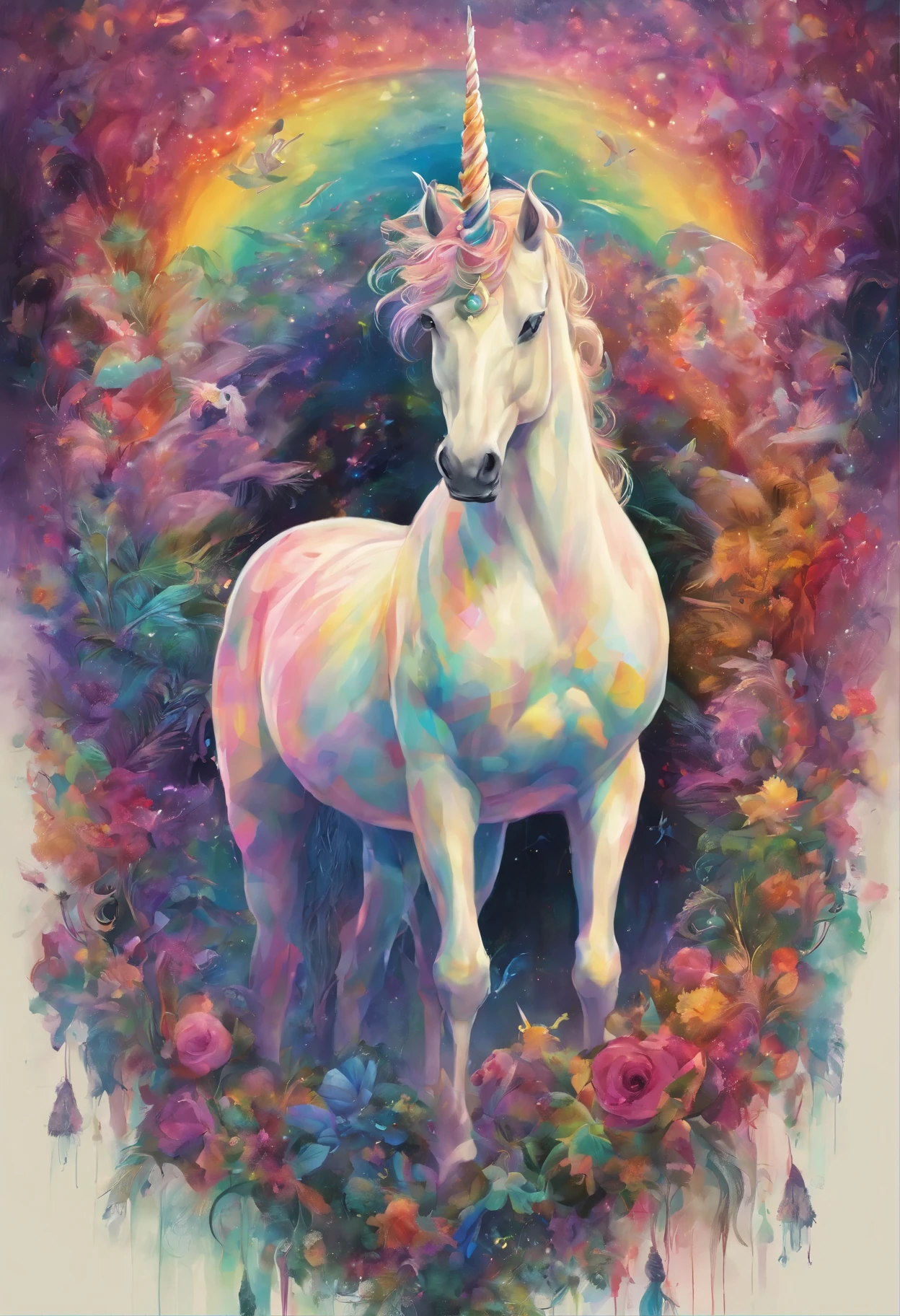 fantasy rainbow unicorn,Frontal close-up,Fantasy forest background,mist,Detailed portrayal,Rich details,surreal,Surreal,masterpiece,8K,Light