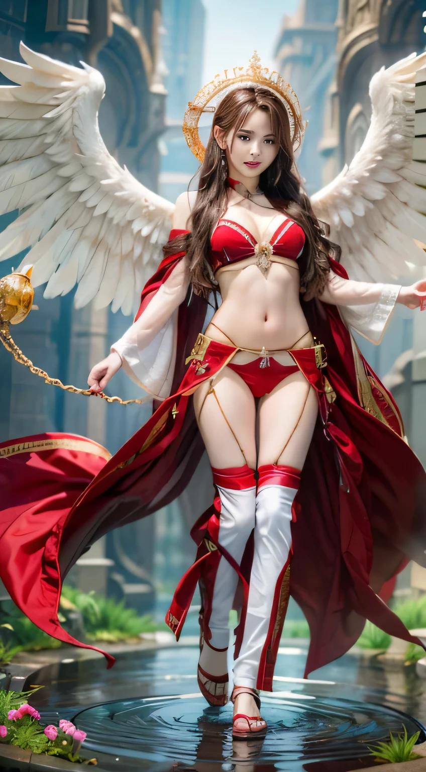 full body image,Realistic 8K images,high definition,Masterpiece,Complete anatomical details,Model poses,The angel has long, golden wings., flowing blonde hair, sweet smile, and wore a red bikini with gold stripes.,Some white cloth has gold stripes., Float in the air