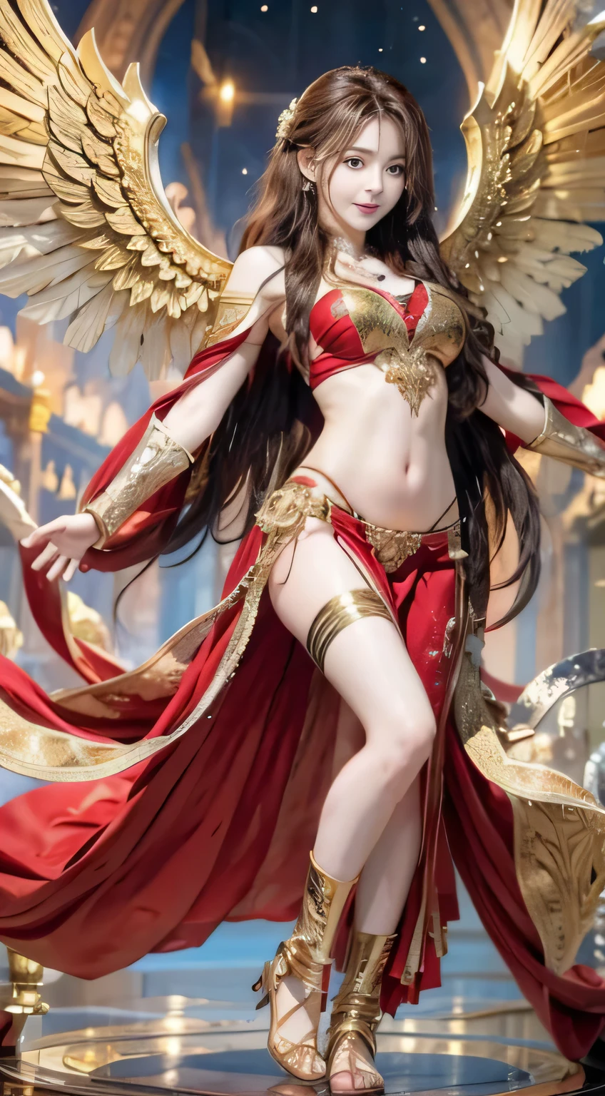 full body image,Realistic 8K images,high definition,Masterpiece,Complete anatomical details,Model poses,The angel has long, golden wings., flowing blonde hair, sweet smile, and wore a red bikini with gold stripes.,Some white cloth has gold stripes., Float in the air