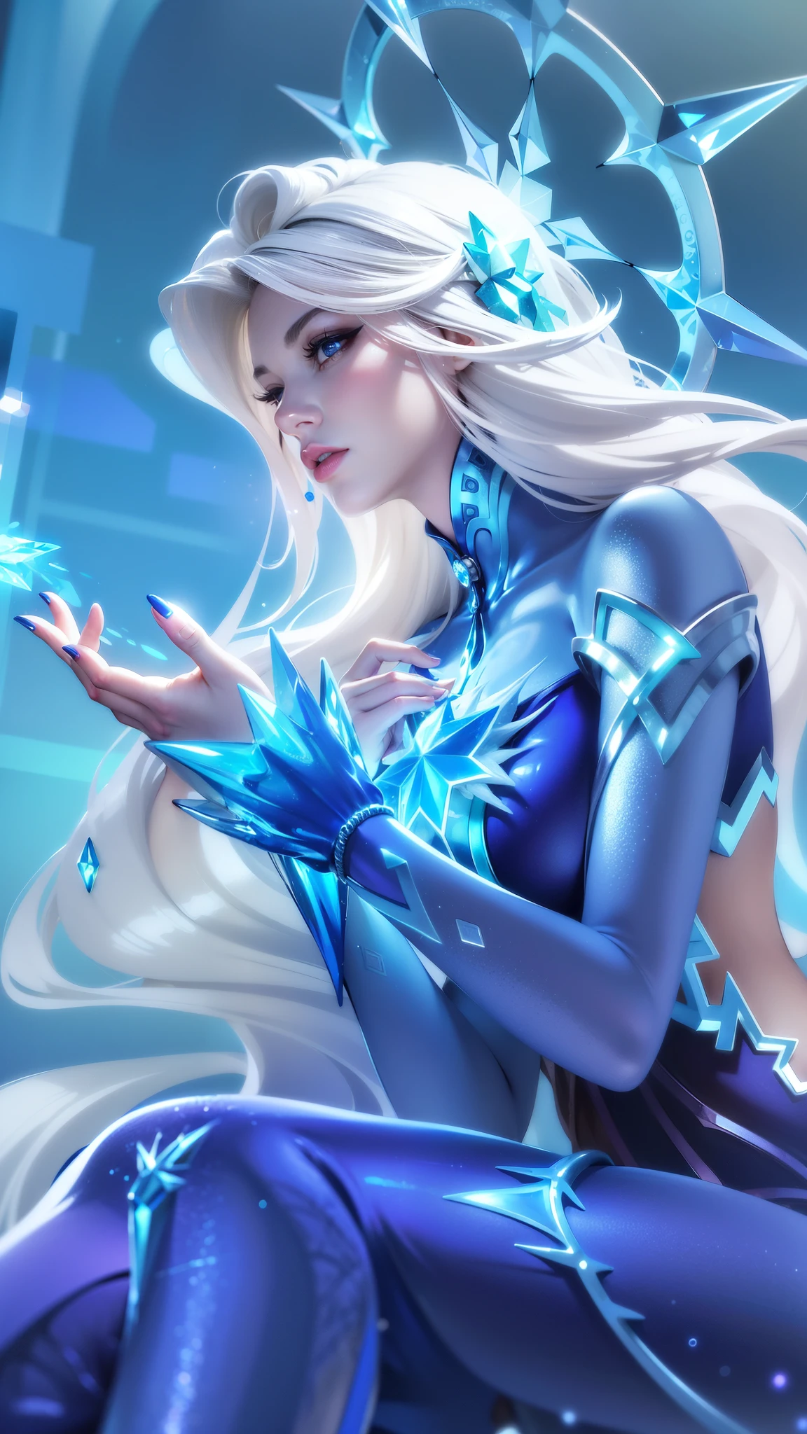 (8k, RAW photo, photorealistic:1.25) ,( lipgloss, eyelashes, gloss-face, glossy skin, best quality, ultra highres, depth of field, chromatic aberration, caustics, Broad lighting, natural shading, looking at viewer with a serene and goddess-like happiness, there is a woman in a blue dress sitting on a rock, ice sorceress, queen of ice and storm, ice mage, crystalline skin, ice queen, crystal maiden, beautiful ancient frost witch, ice spell, goddess of winter, extremely detailed artgerm, artgerm detailed, ig model | artgerm, artgerm. high detail, blue eyes, red lips gloss