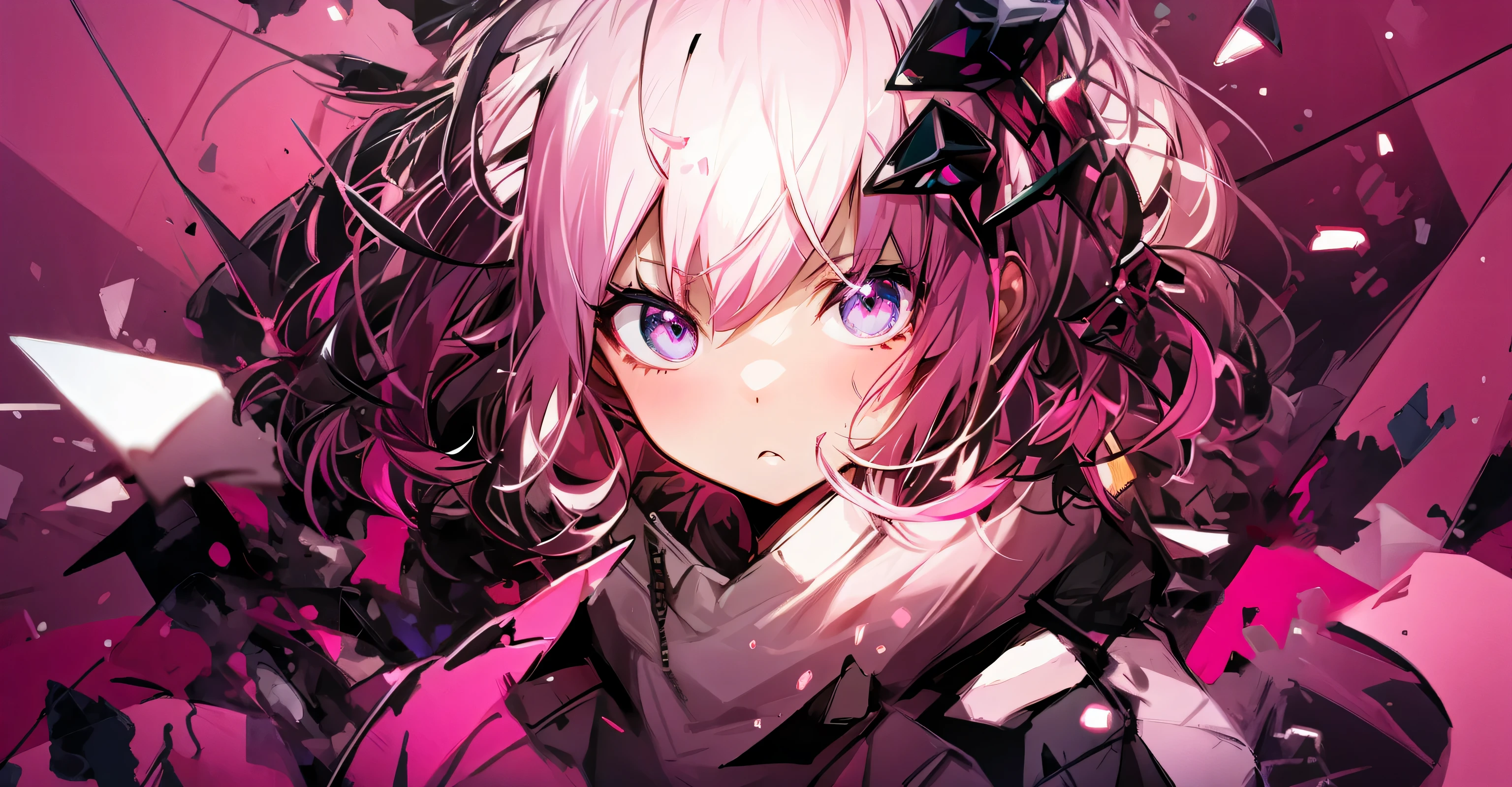 pink hair、Black and white clothes、Anime girl with colorful spots, official artwork, detailed Main animation art, Komaeda Nagito, Anime cute art style, ufotable art style, SSSS.Grid Man, Detailed digital animation art, high detailed official artwork, Detailed anime character art, Main animation art