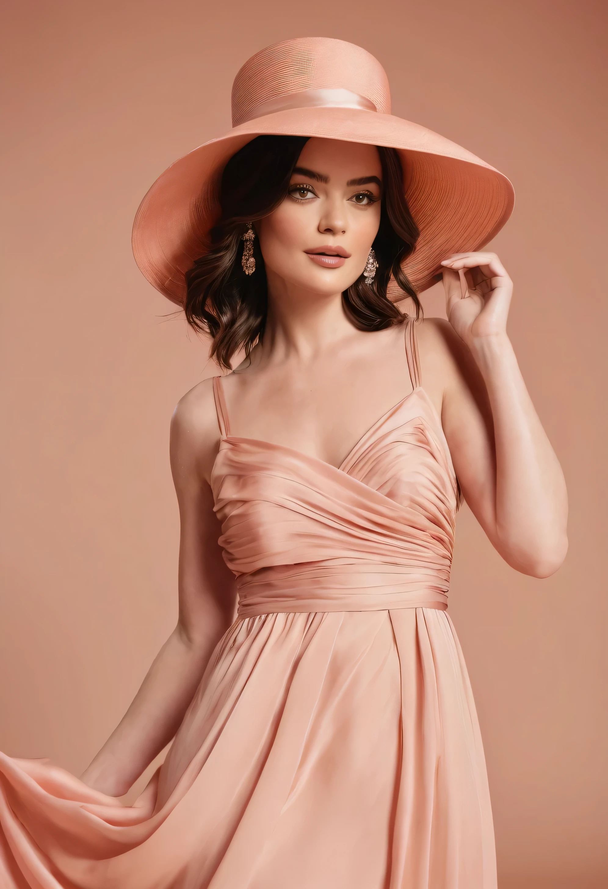 Araffe-Frau in einem langen Kleid mit Hut und Kleid, Fotoshooting im High-End-Mode, in peach tones, editorial Modefotografie, Photo shoot for a skin care brand, Modelfotografie, Modefotografie, Bearbeitet, Haute-Couture-Modeshooting, flowing salmon-colored silk, Lucy Hale, Mode-Redaktionsfotografie, flowing dress, fine art Modefotografie, full shot Modefotografie