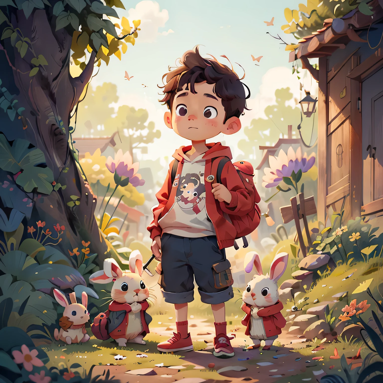 boys，red hoodie，A very charming backpacker enjoying an adorable spring outing with his adorable bunny，Surrounded by beautiful flowers and nature. This illustration is a high-definition illustration with 4K resolution，Featuring highly detailed facial features and cartoon-style visuals.