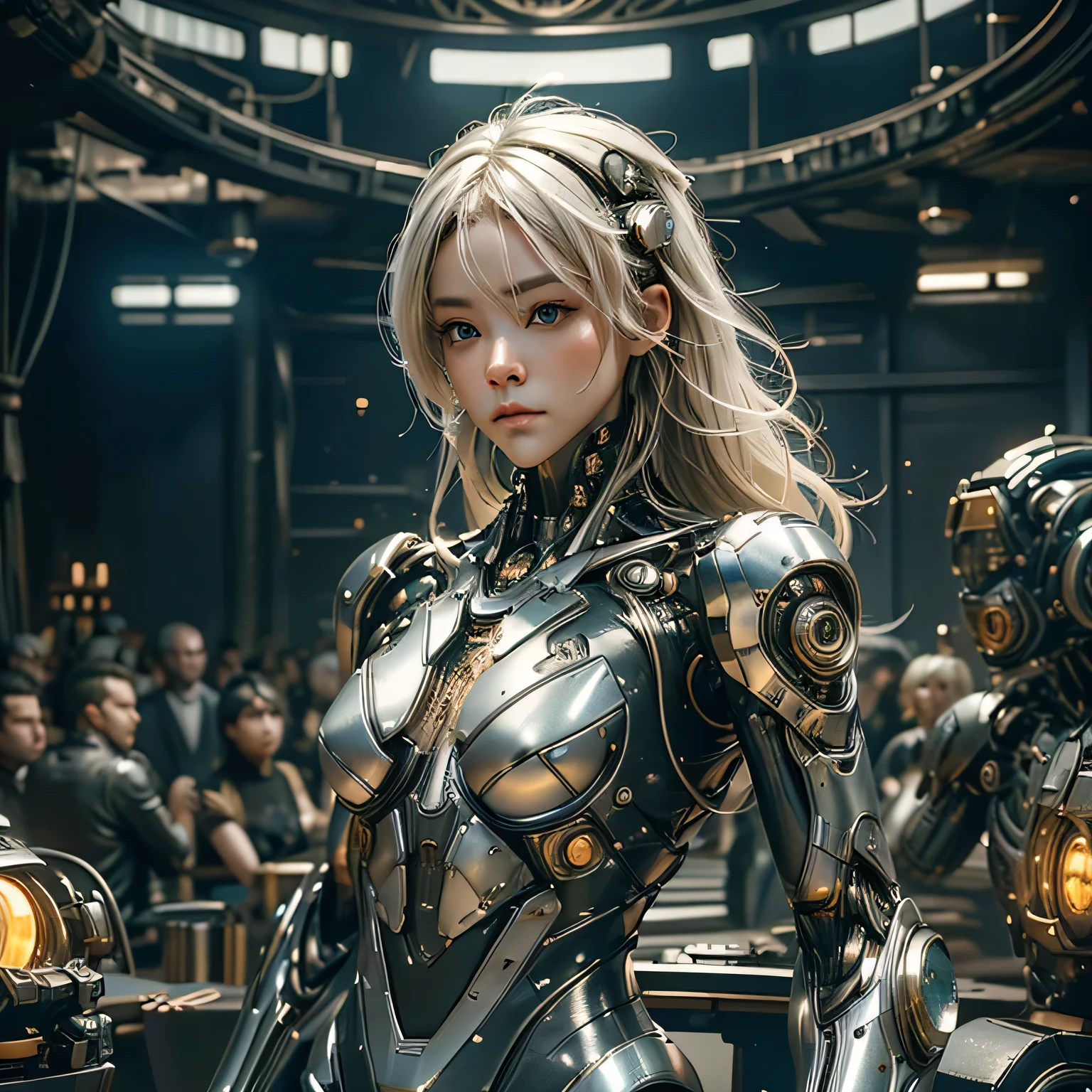 8k, top-quality, (pubic hair beauty)、high resolution, 逼真, real person, ((masterpiece)), ((top-quality)), (The ultra-detail, ((highly contrast)), (a high chroma), (Beautiful detail eyes), ((extremely delicate and beautiful)), (nice hand), ((perfect hand)), (Mechanical cyber city in the background), futuristic cities, 夏天, plein air, Girl on a motorcycle, Medium hair, blonde hair, asymmetrical bangs, beautiful detailed Glass hair, blue eyes, large chest, mechanical suit, ((shiny body)), (very shiny body), Clear, jewelry, ornament detached, a gorgeous, opulent, magnificent, Illumination scattered throughout the body, Illumination brilliance, cyborgs, android, bodysuit, huge tit, open cleavage, beauty legs , Full Body