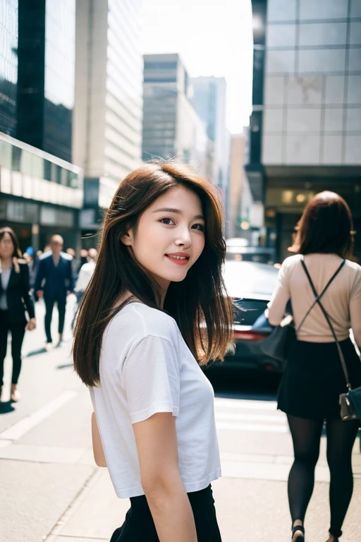 A beautiful woman wearing a short t-shirt stands confidently in the middle of the bustling street, her presence commanding attention. Her hair falls effortlessly around her shoulders, framing a captivating smile. With an air of elegance, she exudes charm and style, effortlessly turning heads as she moves with grace amidst the urban backdrop.