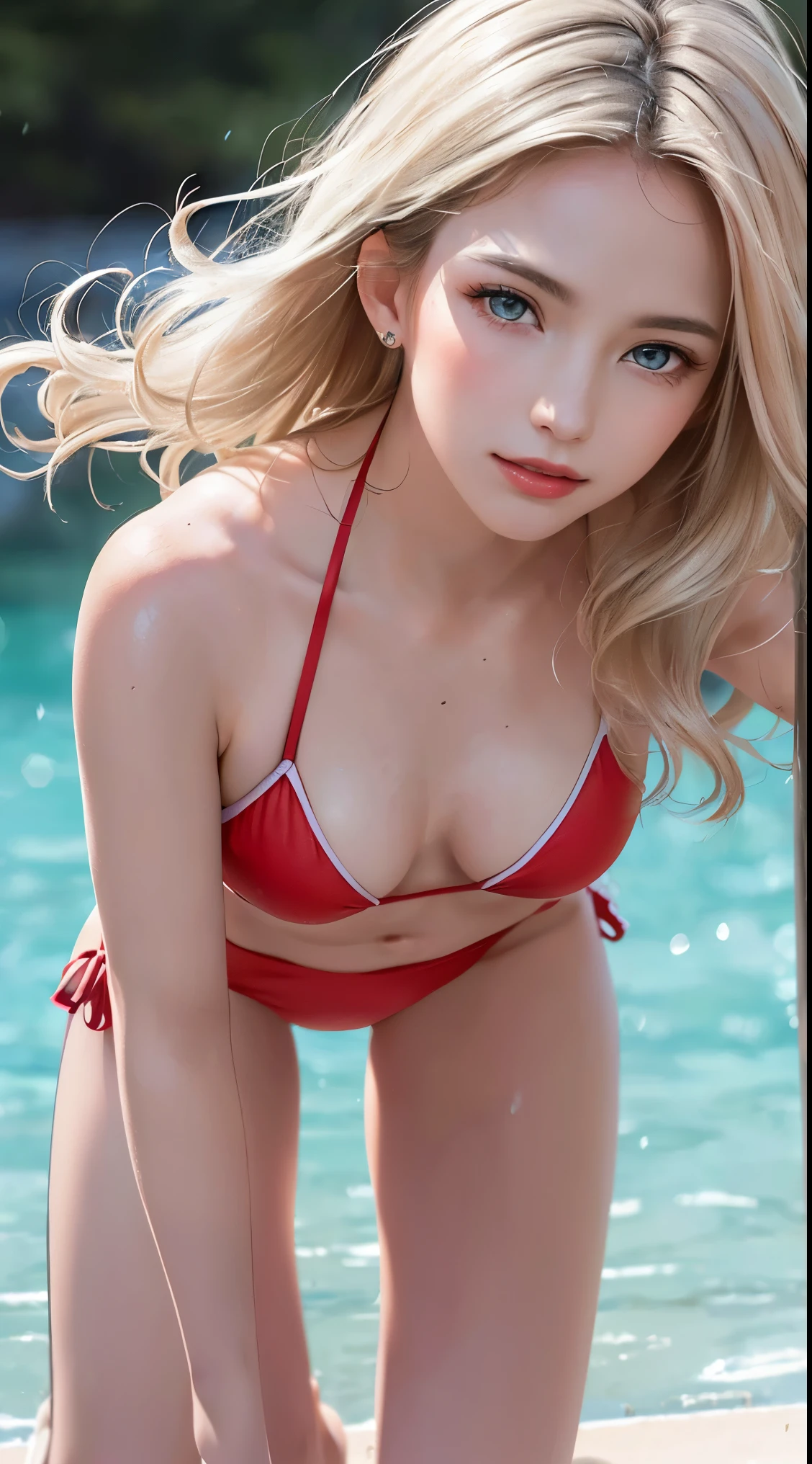 (8K, RAW Photos, of the highest quality, Masterpieces: 1.2), (Realistic, Photorealistic: 1.37), Highest Quality, Ultra High Resolution, light  leaks, Dynamic lighting, Slim and smooth skin, (Full body:1.3), (Soft Saturation: 1.6), (Fair skin: 1.2), (Glossy skin: 1.1), Oiled skin, 22 years old, Night, shiny white blonde, Well-formed, Hair fluttering in the wind, (Close-up shot of face only:1.2), Physically Based Rendering, From multiple angles, all-fours, Chest is sheer, (Smaller chest:1.2), cleavage of the breast, Lower breast, (Transparent costume:1.3), Not wearing a cloak, Beautiful eyes,Break HA,(8K, RAW Photos, of the highest quality, Masterpieces: 1.2), (Realistic, Photorealistic: 1.37), Highest Quality, Ultra High Resolution, focused eyes, light  leaks, Dynamic lighting, Slim and smooth skin, (Full body:1.3), (Soft Saturation: 1.6), (Fair skin: 1.2), (Glossy skin: 1.1), (Oiled skin:1.2), 18 years old, Night, plein air, Strong morning light from the front, BREAK, shiny white blonde, Well-formed, Hair fluttering in the wind, (Close-up shot of face only:1.2), Physically Based Rendering, From multiple angles, (Cute:1.2), Beautiful hair blown in the wind, all-fours, Chest is sheer, Well equipped, Sheer, Transparent, Glittering Gemstones, beautiful body shape, It features a simple, BREAK, Hair volume decreases towards the ends of the hair, Beautiful skin without blemishes, (Thin shiny red little bikini:1.2), Sparkly lips, The air is clear, shiny white blonde hair, Light is coming in from various directions, Hair through intense light, (Erotic:1.3), (Bare chest:1.2), (Small breasts:1.2), Under the breasts, narrowwaist, narrow shoulders, gazing at viewer, Big smile, spring with clear water, Bathing, Very small cloth, thighs thighs thighs thighs, Put your hands on your chest with embarrassment and embarrassment,it is raining, I'm soaked, kiss-shaped lips, smile, staring at you