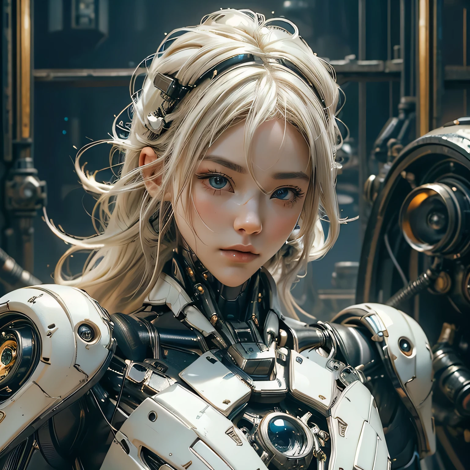 (RAW shooting、highest quality、masterpiece)、(genuine、photogenuineistic)、(Super detailed)、Very detailed CG、8K、アンgenuineエンジン、3D rendering、beautiful mechanic、((high contrast))、(High chroma)、((very delicate and beautiful))、reflected light、highly detailed background、(cyber punk、machine city、future city)、 ((anatomically correct))、one woman、platinum blonde hair、beautiful and delicate hair、(detailed beautiful eyes、detailed beautiful face)、highly detailed skin、gloves、dark gray and black cyber suit、Very shiny cybersuit、((cowboy shot))、action pose、fighting pose、view audience