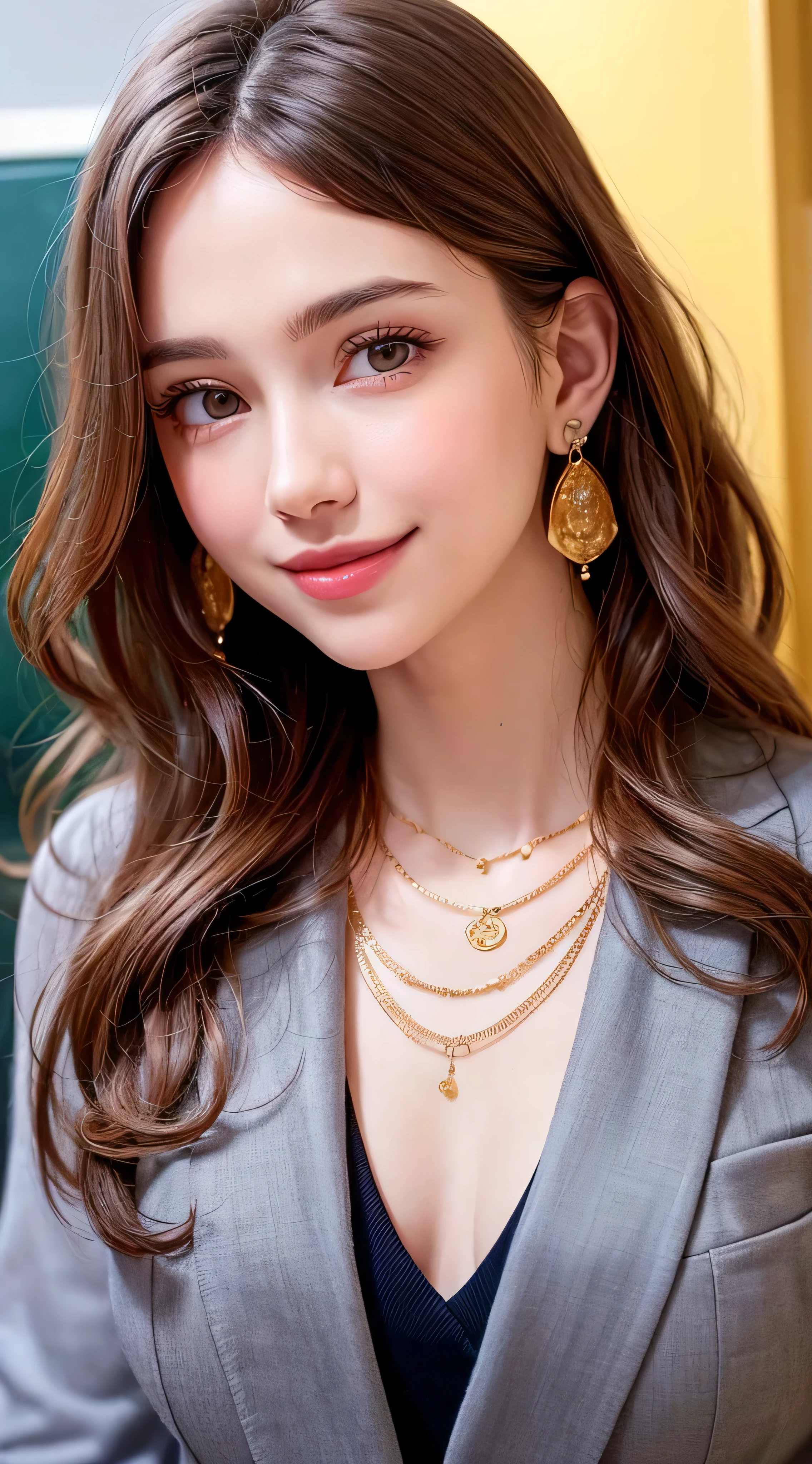 1 girl, very cute, wonderful face and eyes, (nice nice smile), (Highly detailed beautiful face), bright and glossy lips, please keep looking at me, super beautiful, (school uniform:1.3), (highest quality:1.4), (hyper quality), (Super detailed), (surreal, Photoreal:1.37), real skin texture, High resolution CG integrated 8k wallpapers, Raw photo, professional photos, cinematic lighting,((Super long brown hair:1.2))((Hair with loose waves on the inside:1.2)),((gold necklace_Larger earrings:1.2)),((shy smile:1.3)),