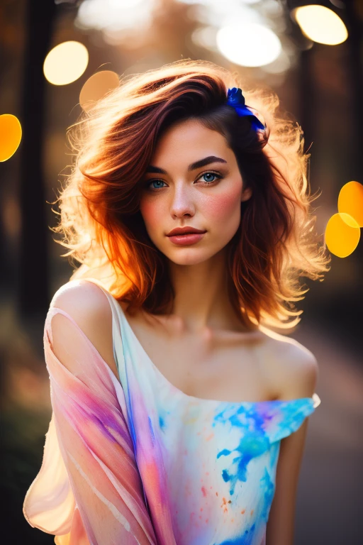 (8k, best quality, masterpiece:1.2),(best quality:1.0), (ultra highres:1.0), watercolor, a beautiful woman, shoulder, hair ribbons, by agnes cecile, half body portrait, extremely luminous bright design, pastel colors, (ink:1.3), autumn lights
