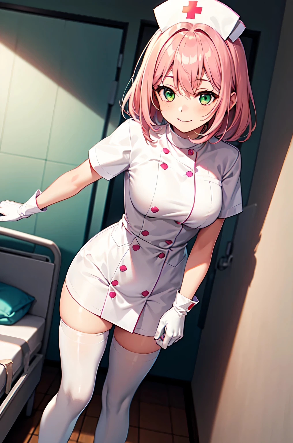 1girl, solo, nurse, white nurse cap, white nurse uniform, ((white legwear, zettai ryouiki)), white gloves, pink hair, green eyes, drooping eyes, smile, standing, ((hospital room)), sharp outline, short sleeves, best quality, masterpiece