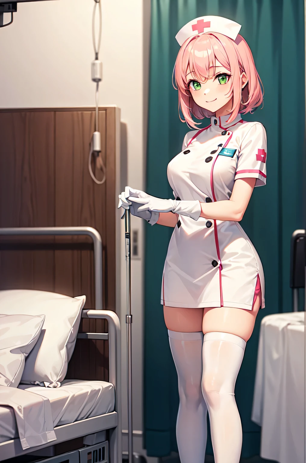 1girl, solo, nurse, white nurse cap, white nurse uniform, ((white legwear, zettai ryouiki)), white gloves, pink hair, green eyes, drooping eyes, smile, standing, ((hospital room)), sharp outline, short sleeves, best quality, masterpiece