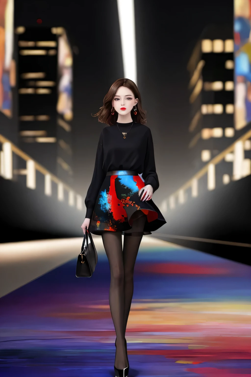 1woman wearing trendy clothes, in an abstract oil painting style, fashion show, The painting is ultra-high detailed and has a resolution of 8k, showcasing the best quality and craftsmanship. The background is colorful, with a touch of fog, creating a mysterious atmosphere.the city that never sleeps、oilcolor Touch,(a woman:1.2), , luminous design, vivit colours,spring lights,Artistic,azure, red
(black pantyhose:1.1), black high heels, black short skirt