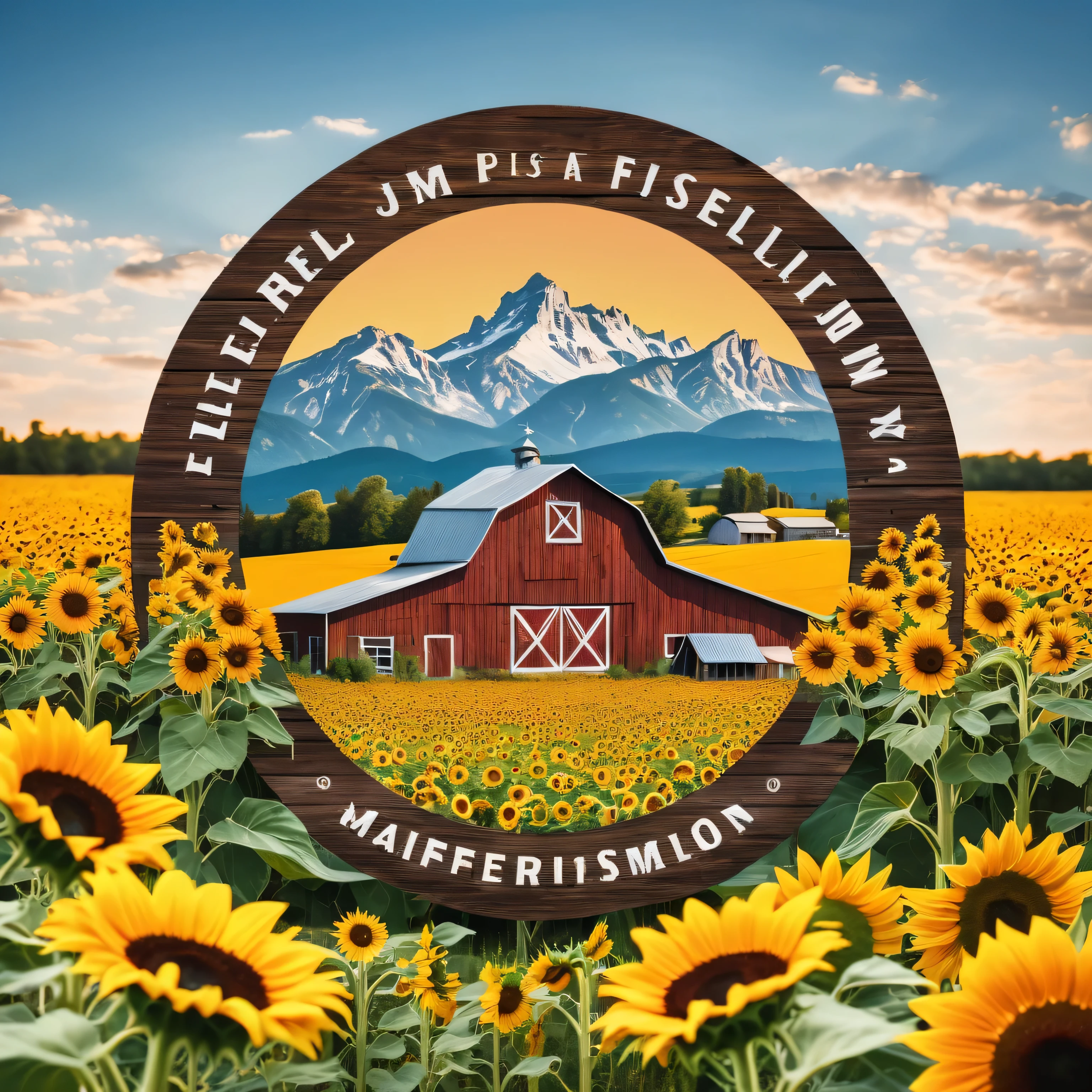 a rustic logo with a barn surrounded by vibrant sunflowers in a field, against a scenic background