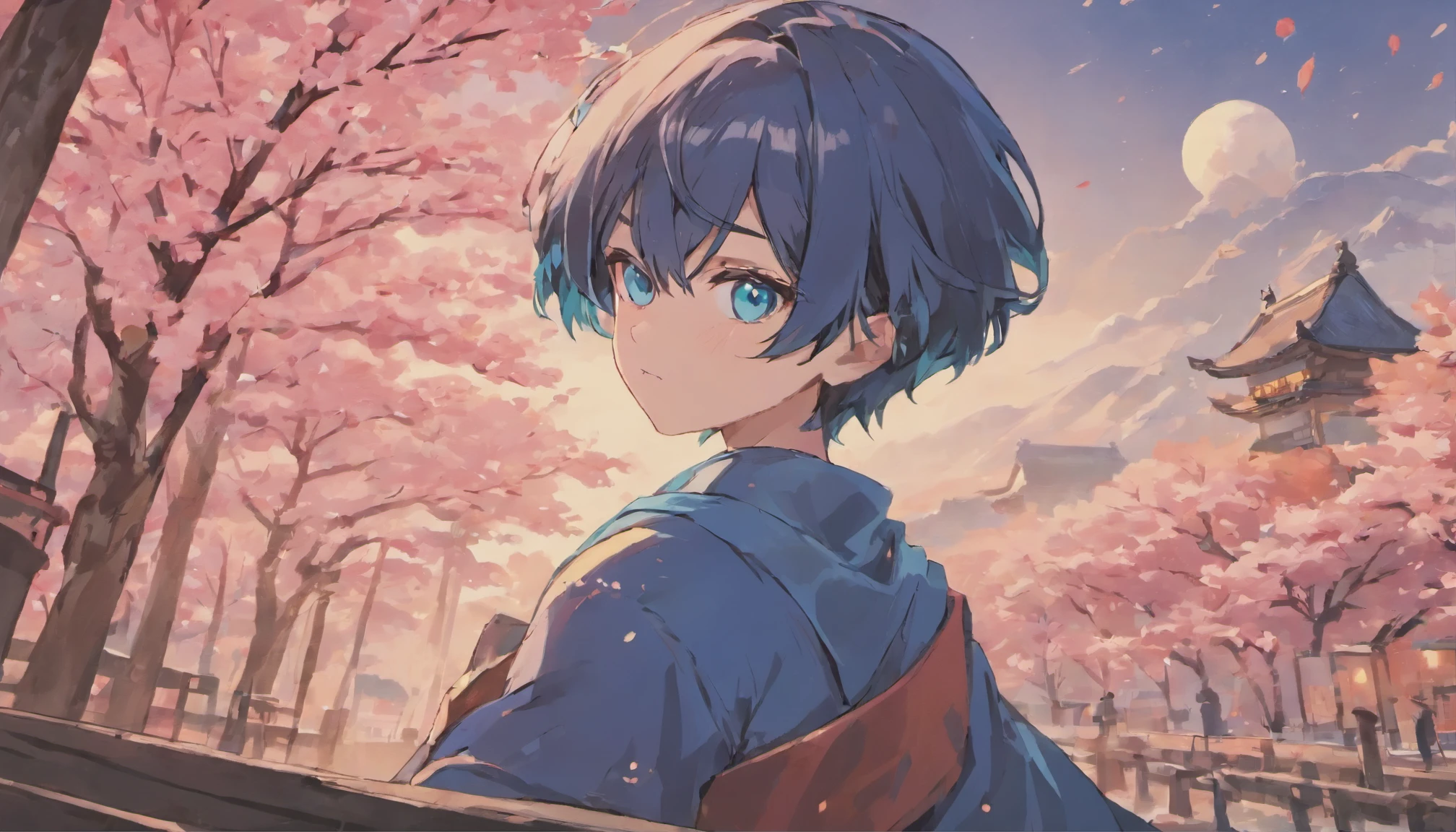 attractive, elegant, virtual youtuber, anime boy, blue eyes, (big, clear eyes:1.3), navy hair, inspired by Okumura Masanobu, inspired by Okumura Togyu, Cartoon illustration of a boy, young anime man, Animation Moe Artstyle, male anime character, 2D animation style, illustration, inspired by Okumura Masanobu, inspired by Okumura Togyu, Panorama, japanese style building, mountain, light turquoise, dark pink, vibrant, eye-catching, Traditional Animation, dynamic movement, Cherry Blossom, shaking tree, layered image, travel, adventure, immersive, vintage charm, classic japanese art work, Contemporary Aesthetics, virtual personality.
