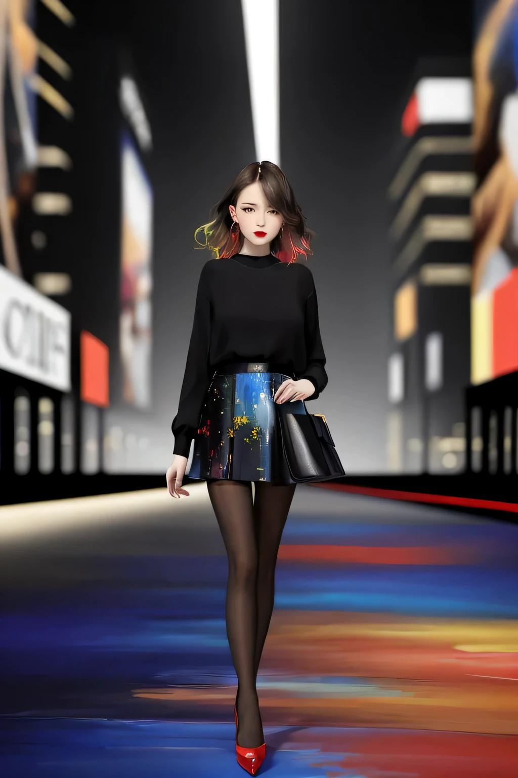 1woman wearing trendy clothes, in an abstract oil painting style, fashion show, The painting is ultra-high detailed and has a resolution of 8k, showcasing the best quality and craftsmanship. The background is colorful, with a touch of fog, creating a mysterious atmosphere.the city that never sleeps、oilcolor Touch,(a woman:1.2), , luminous design, vivit colours,spring lights,Artistic,azure, red
(black pantyhose:1.1), black high heels, black short skirt