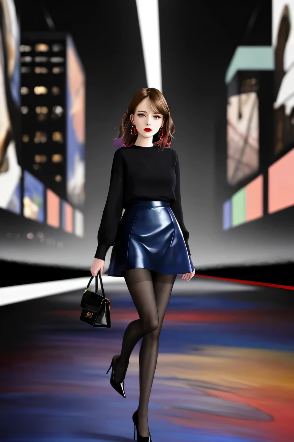 1woman wearing trendy clothes, in an abstract oil painting style, fashion show, The painting is ultra-high detailed and has a resolution of 8k, showcasing the best quality and craftsmanship. The background is colorful, with a touch of fog, creating a mysterious atmosphere.the city that never sleeps、oilcolor Touch,(a woman:1.2), , luminous design, vivit colours,spring lights,Artistic,azure, red
(black pantyhose:1.1), black high heels, black short skirt