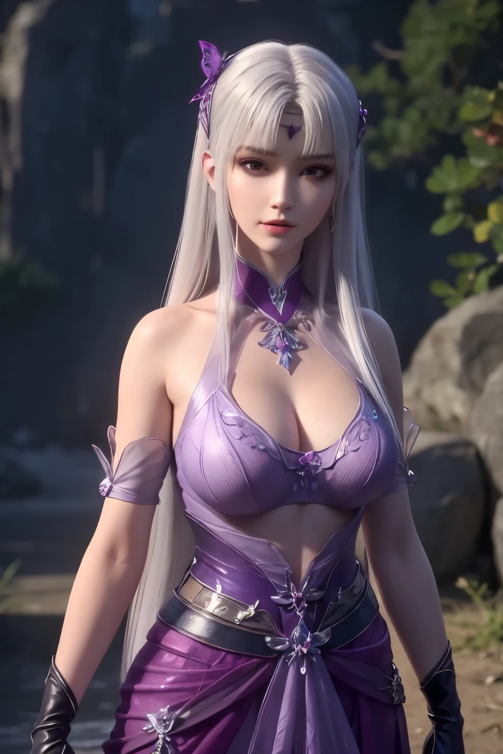 realistic, photorealistic, Masterpiece, absurdres, fine detail, HDR, detailed hand anatomy, highly detailed face and eyes, (8k, best quality, masterpiece:1.2), ultra-detailed, extremely detailed cg 8k wallpaper,fashion,(crystalstexture skin:1.2),(extremely delicate and beautiful),(masterpiece, best quality:1.2),1girl, solo, narrow waist, wide hips, (large breasts:1.2),long hair, (looking at viewer:1.2), natural lighting, fantasy, dreamlike, unreal, science fiction, detail, delicate pattern, charming, alluring, enchanting, hair ornament, fairydoctor, full body, dream, purple butterflies, glowing butterflies, sexy pose, night, (neon butterflies:1.1), purple neon butterflies