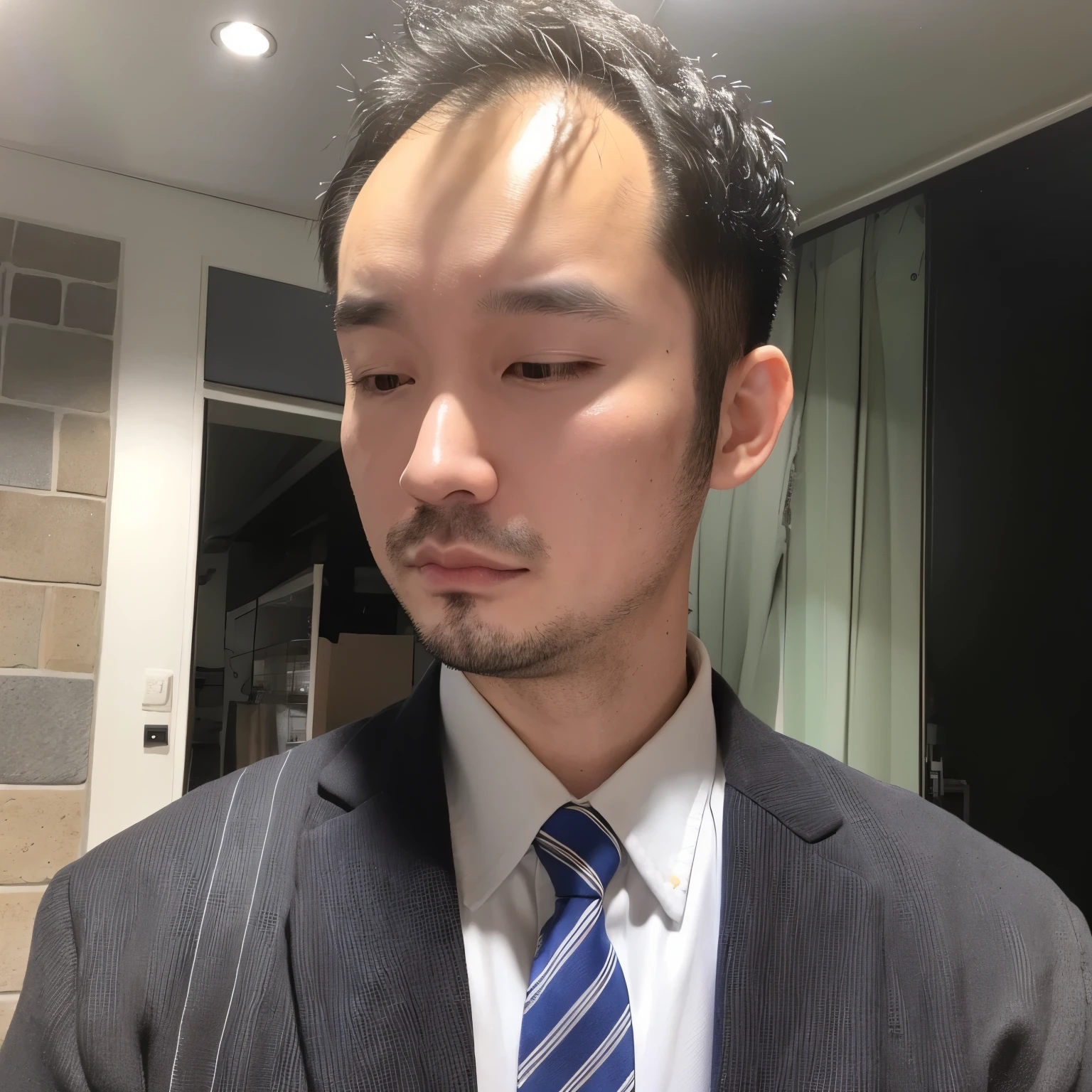 solo, looking at viewer, shirt, black hair, 1boy, brown eyes, closed mouth, jacket, white shirt, upper body, male focus, necktie, striped, collared shirt, blurry, black jacket, blurry background, formal, suit, wing collar, portrait, blue necktie, realistic, striped necktie、high nose、short hair