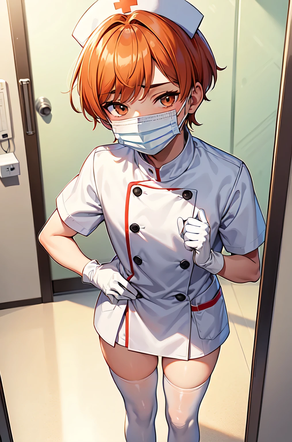 1boy, solo, male focus, nurse, white nurse cap, white nurse uniform, ((white legwear, zettai ryouiki)), white gloves, short hair, orange hair, ((white surgical mask, covered nose)), standing, ((hospital room)), sharp outline, short sleeves, shota, 12 years old, best quality, masterpiece