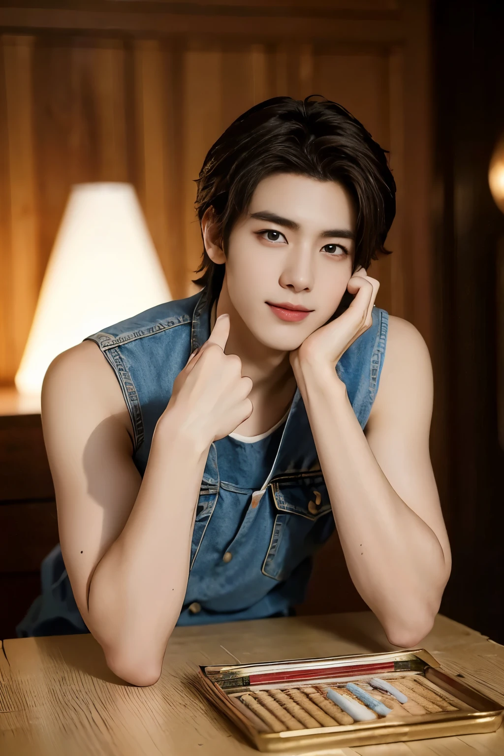 ((highest quality, 8k, masterpiece: 1.3))、cool korean boy, 20-year-old、brown hair, well-groomed face、handsome nose、Eye and face details、beautiful lighting、(studio)、ultra high resolution、（looking at the viewer）、detailed mouth、laughter、full body esbian: 1.5, perfect body shape: 1.photo of both shoulders:1.3, Model attire:1.5　enjoying shooting