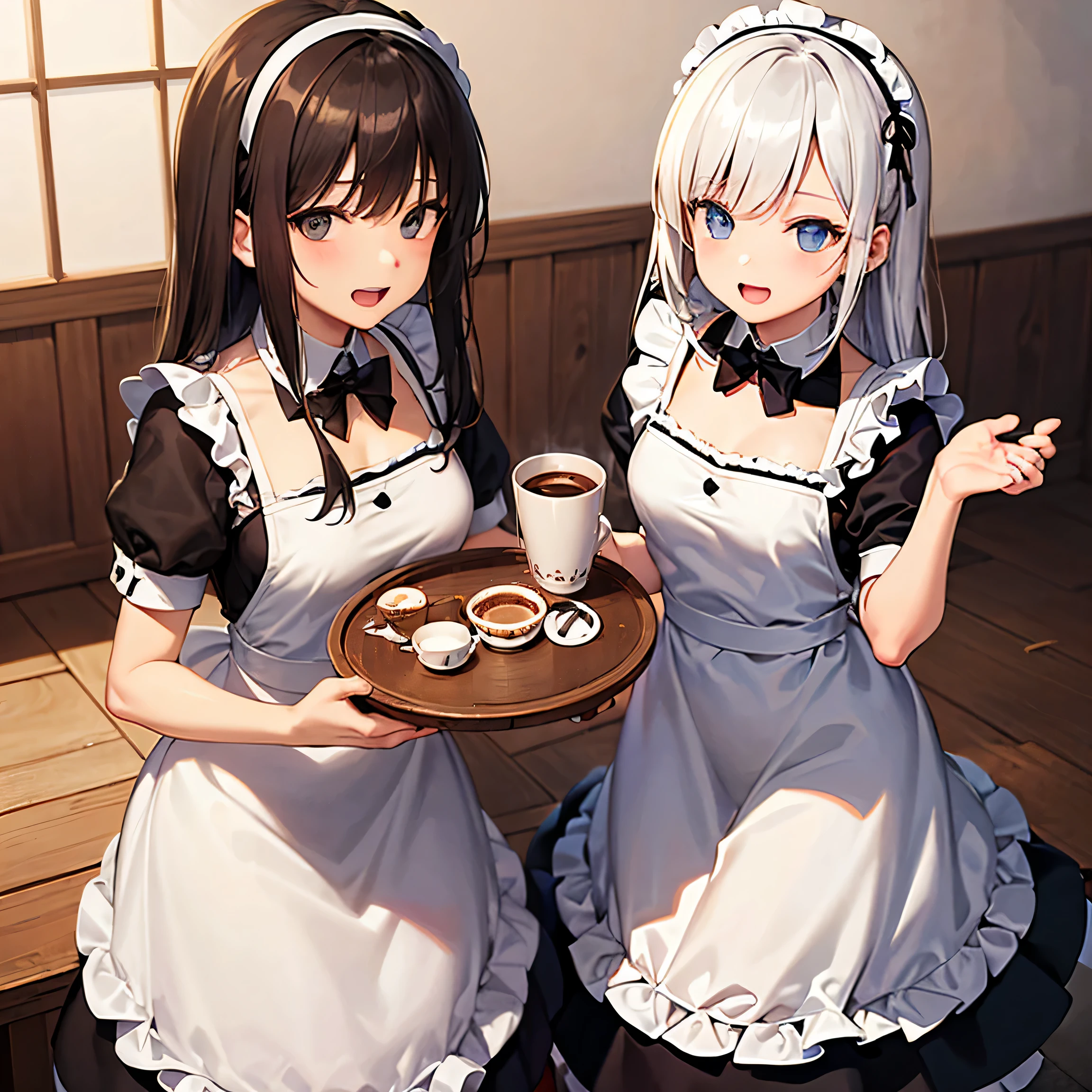 two girls maids ((holding one cup in their hands)) best rating on pixiv, Beautiful anime works, clean detailed anime art ((Ideal Anatomy)) ((2 pairs of hands)) ((Ideal Anatomy)) Five fingers on each hand, long hair, inside the coffee a cozy tray with coffee in the hands of a maid dress maid uniform