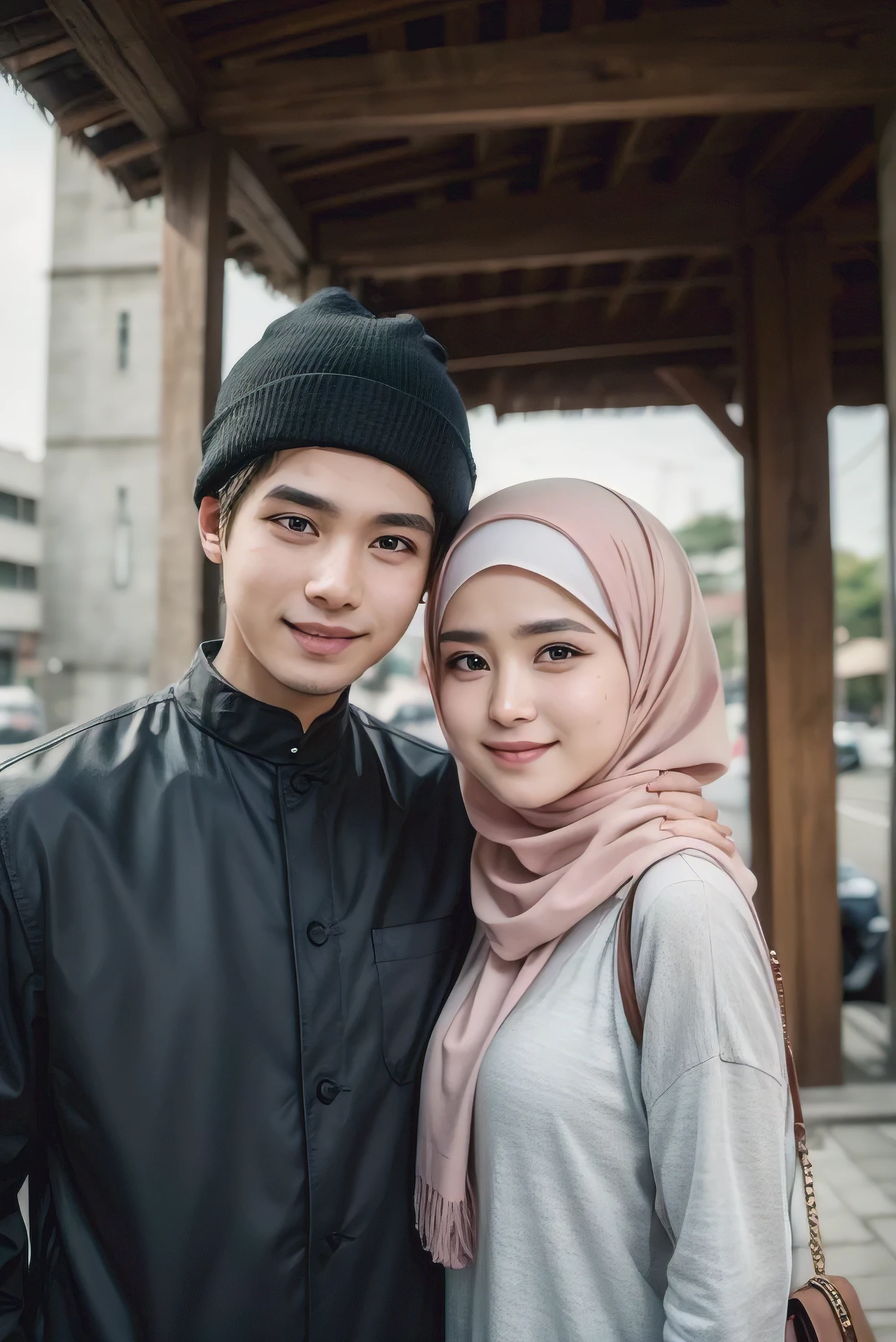 araffe couple in modern clothing standing and smiling for a picture, happy couple, lovely couple, couple, couple pose, muslim, full protrait, wearing modern garb, indonesian, portrait shot, potrait, mosque background, couples portrait, protrait,