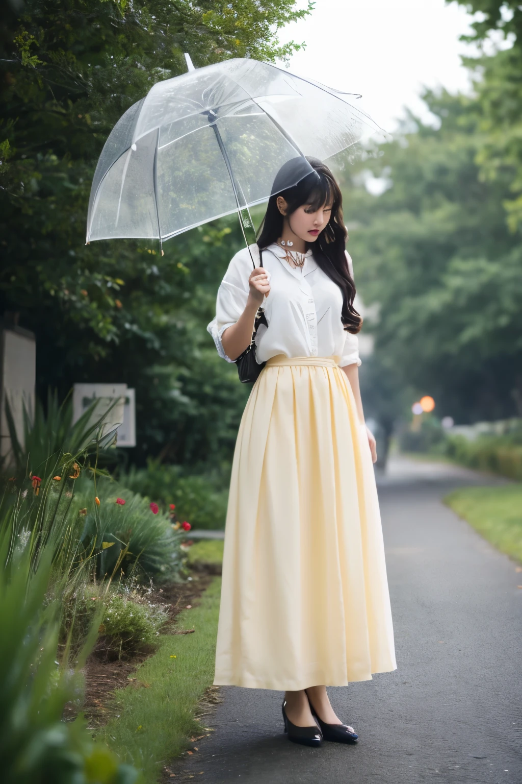 A woman with long hair down to her waist holding an umbrella with the wind blowing whole body long skirt Shoes are black