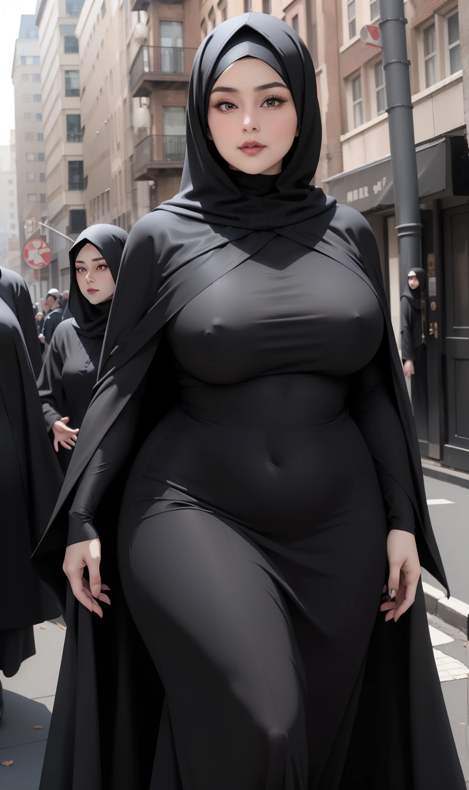 woman in black dress and hijab walking down the street, wearing black clothes and cape, hijab outfit, with a long black cape, hijab fashion model, plus size, plus size woman, wearing black robe, woman in black robes, beautiful burqa's woman, thicc, black outfit,, wearing a black robe, black, with cape, bbwchan 