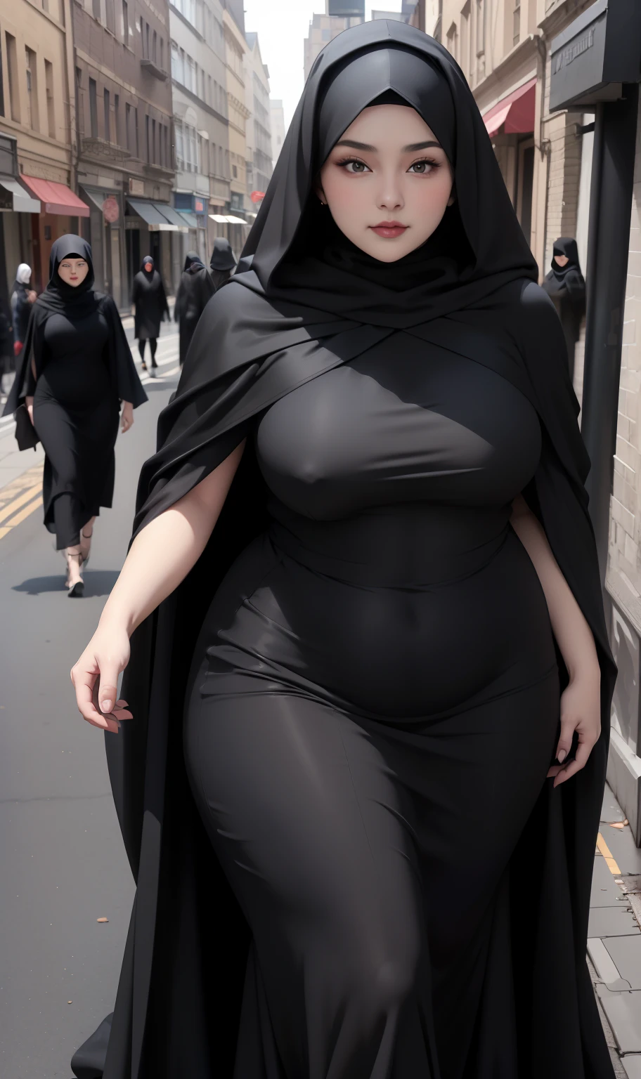 woman in black dress and hijab walking down the street, wearing black clothes and cape, hijab outfit, with a long black cape, hijab fashion model, plus size, plus size woman, wearing black robe, woman in black robes, beautiful burqa's woman, thicc, black outfit,, wearing a black robe, black, with cape, bbwchan 