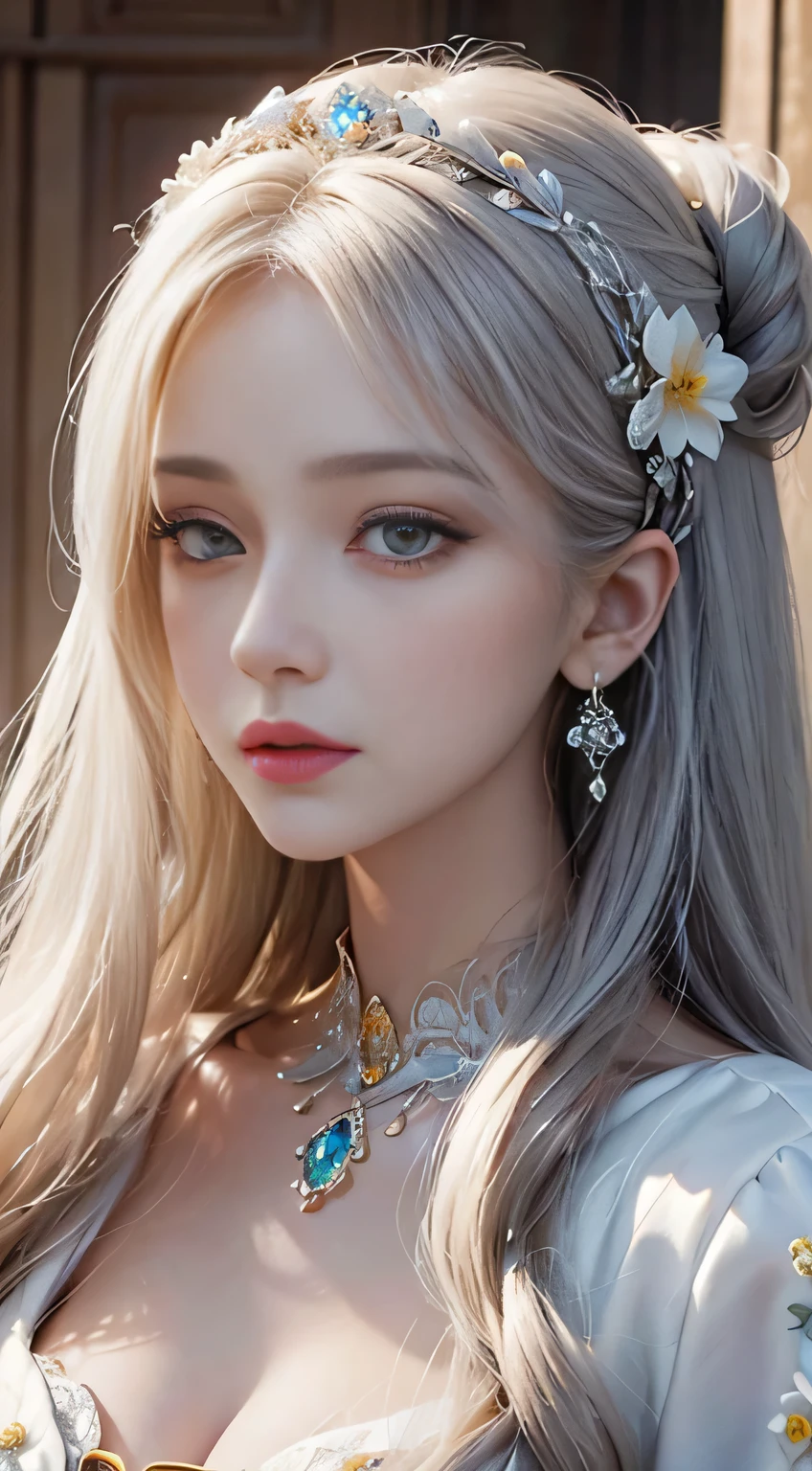 masterpiece，best high resolution，Dynamic bust of a beautiful royal lady，Long white hairstyles，Clear amber eyes，The hair is covered with beautiful and delicate floral crafts, crystal jewelry filigree，super detailed details，Upscaled。