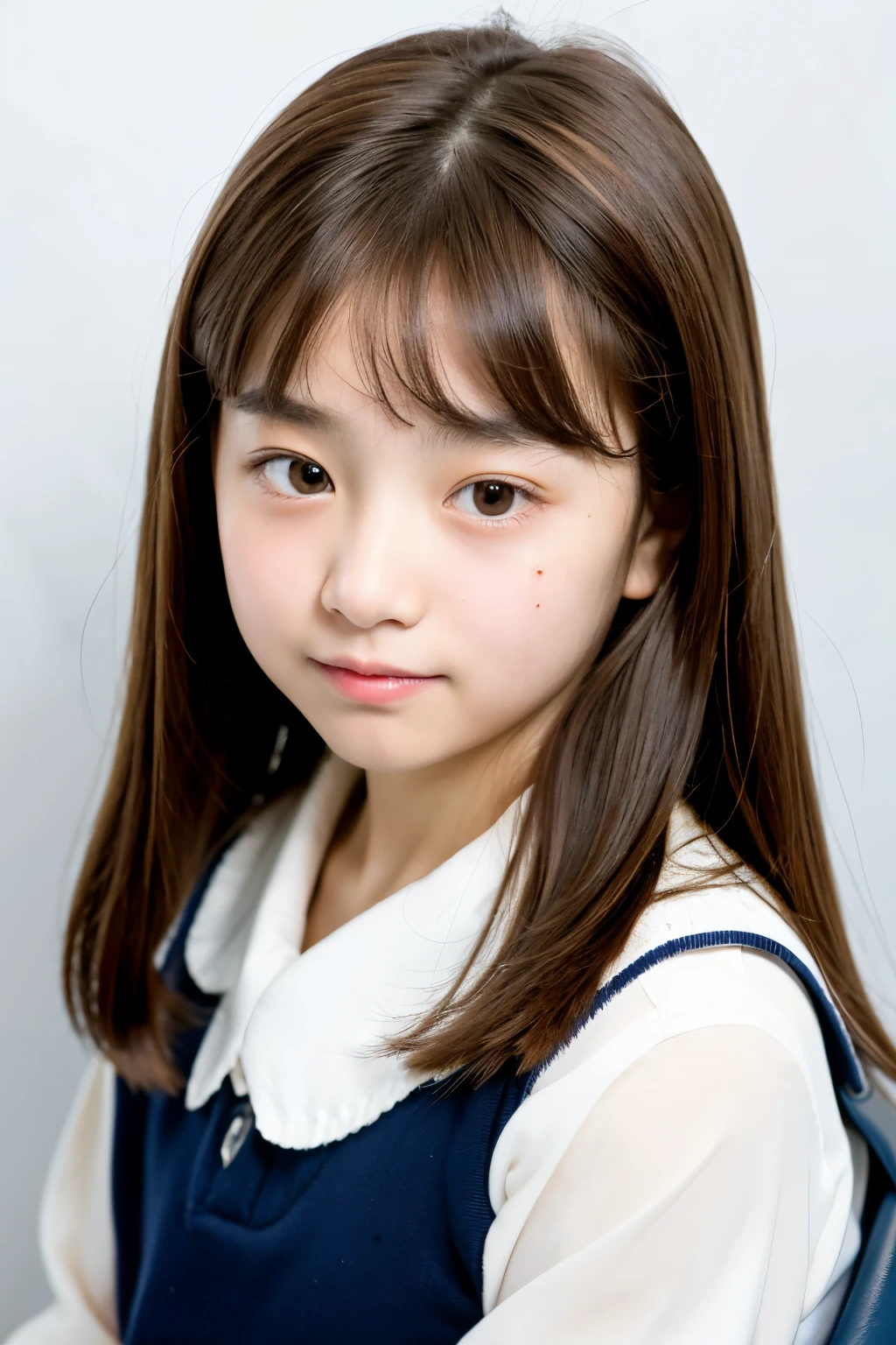 lens: 135mm f1.8, (highest quality),(RAW Photos), (Tabletop:1.1), (Beautiful 12 year old Japanese girl), Cute Face, (Deeply chiseled face:0.7), (freckles:0.4), (Japanese School Uniform), (In the classroom), shy, (Close-up shot:1.2), (smile), (sunlight), Navy blue sailor suit, Long sleeve