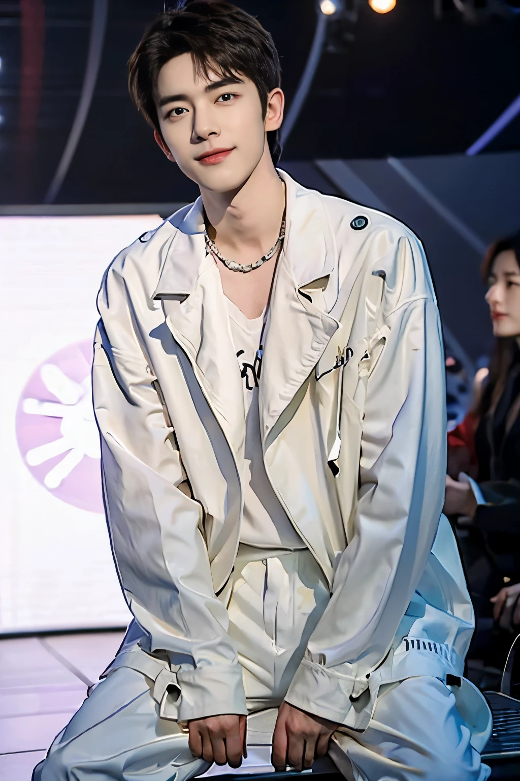 ((highest quality, 8k, masterpiece: 1.3))、cool korean boy, 20-year-old、brown hair, well-groomed face、handsome nose、Eye and face details、beautiful lighting、(studio)、ultra high resolution、（looking at the viewer）、detailed mouth、laughter、full body esbian: 1.5, perfect body shape: 1.photo of both shoulders:1.3, Model attire:1.5　enjoying shooting
